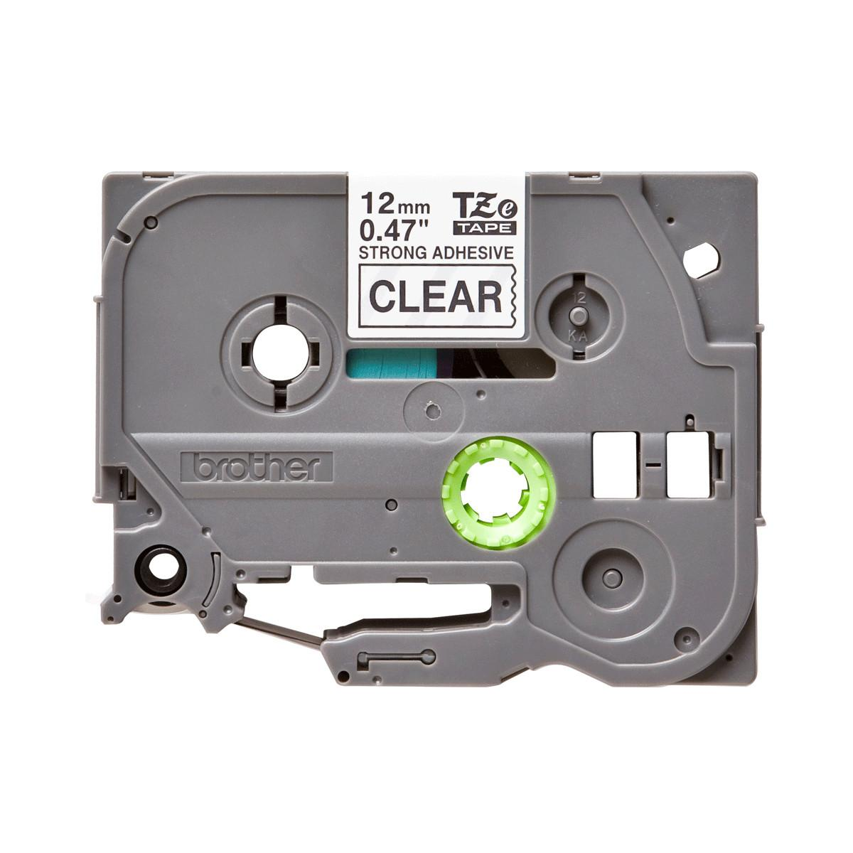 Nastro etichettatrice Brother grigio con scritta CLEAR, 12mm, adesivo forte.