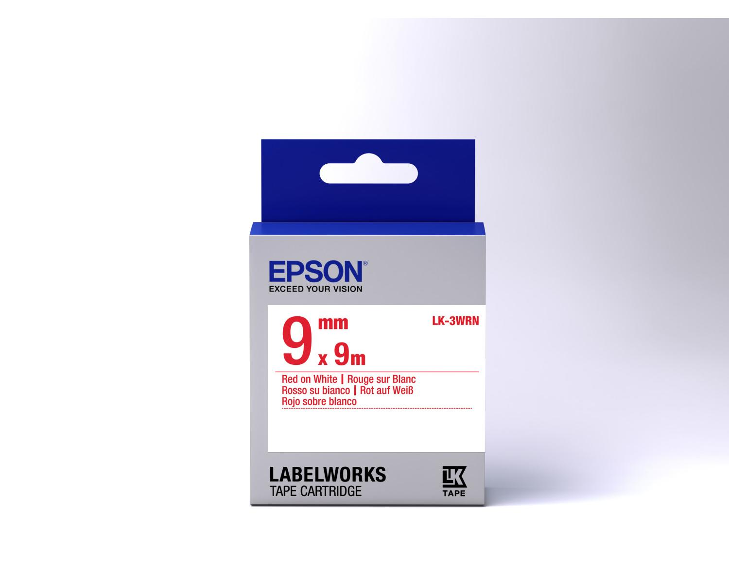 Epson Labelworks 9mm rotes Band auf weißem Karton, Modell LK-3WRN.