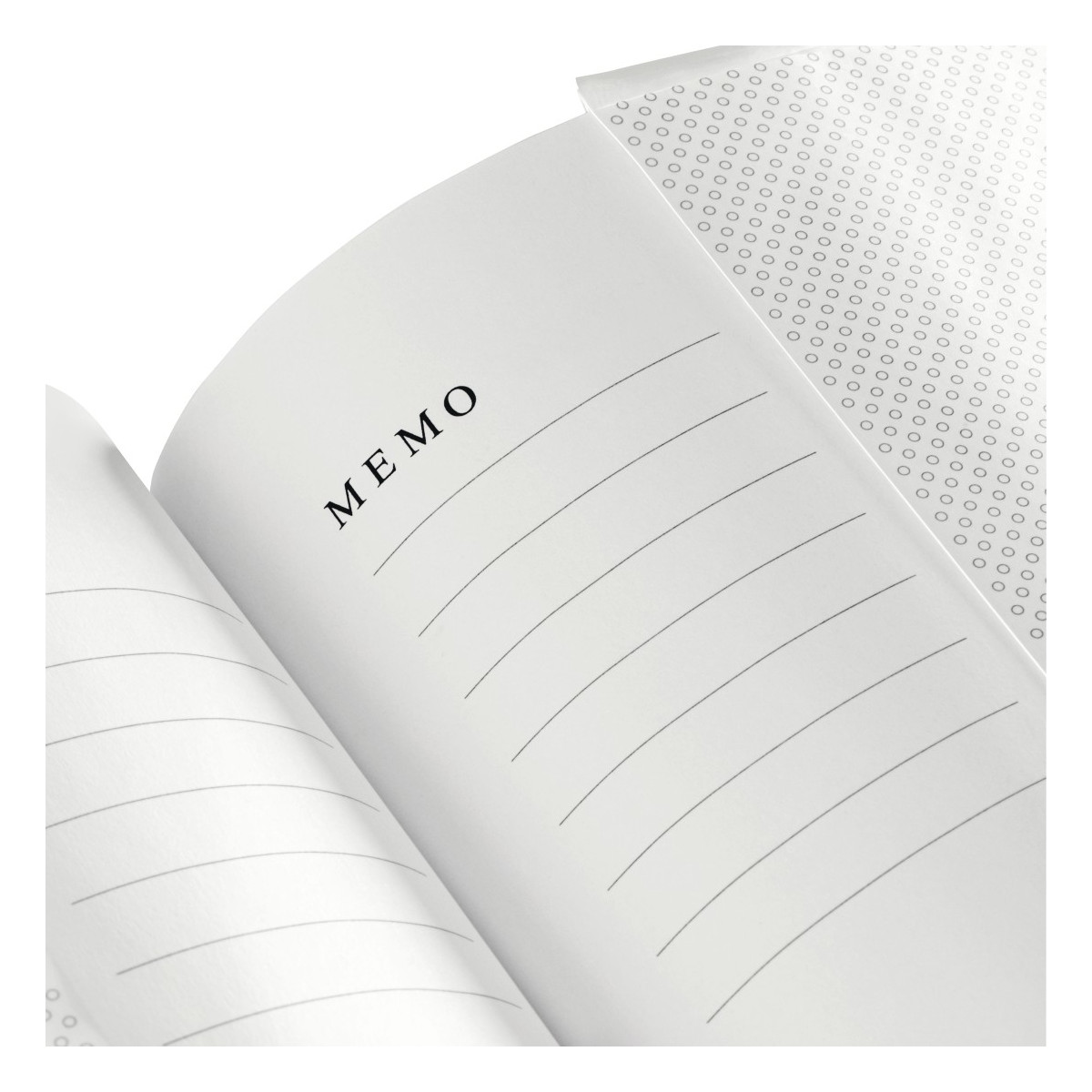 Un cuaderno abierto con página rayada y la palabra MEMO.