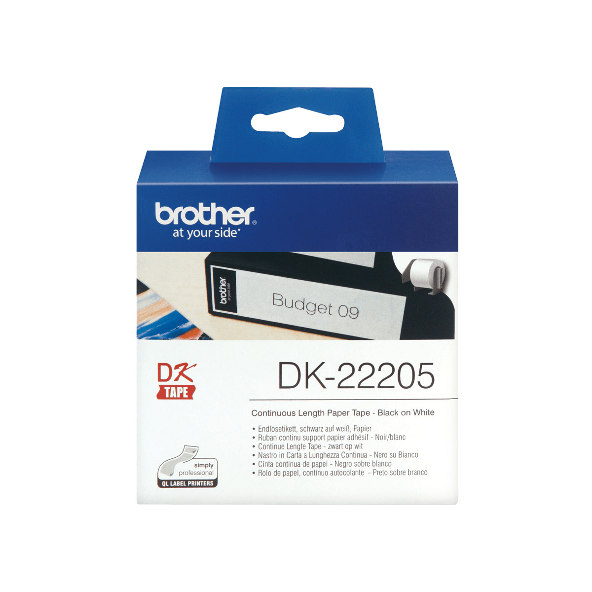 Brother DK-22205 Endlosetikett, schwarz auf weiß, auf Verpackung.