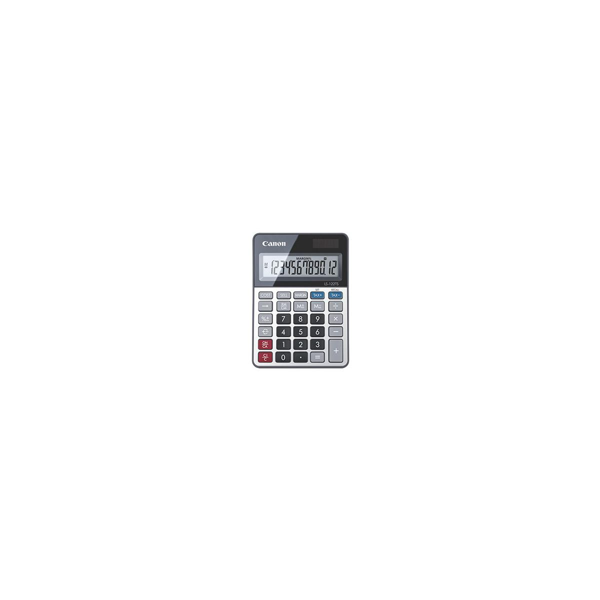 Une calculatrice de bureau Canon noire avec un écran argenté et des touches numériques.