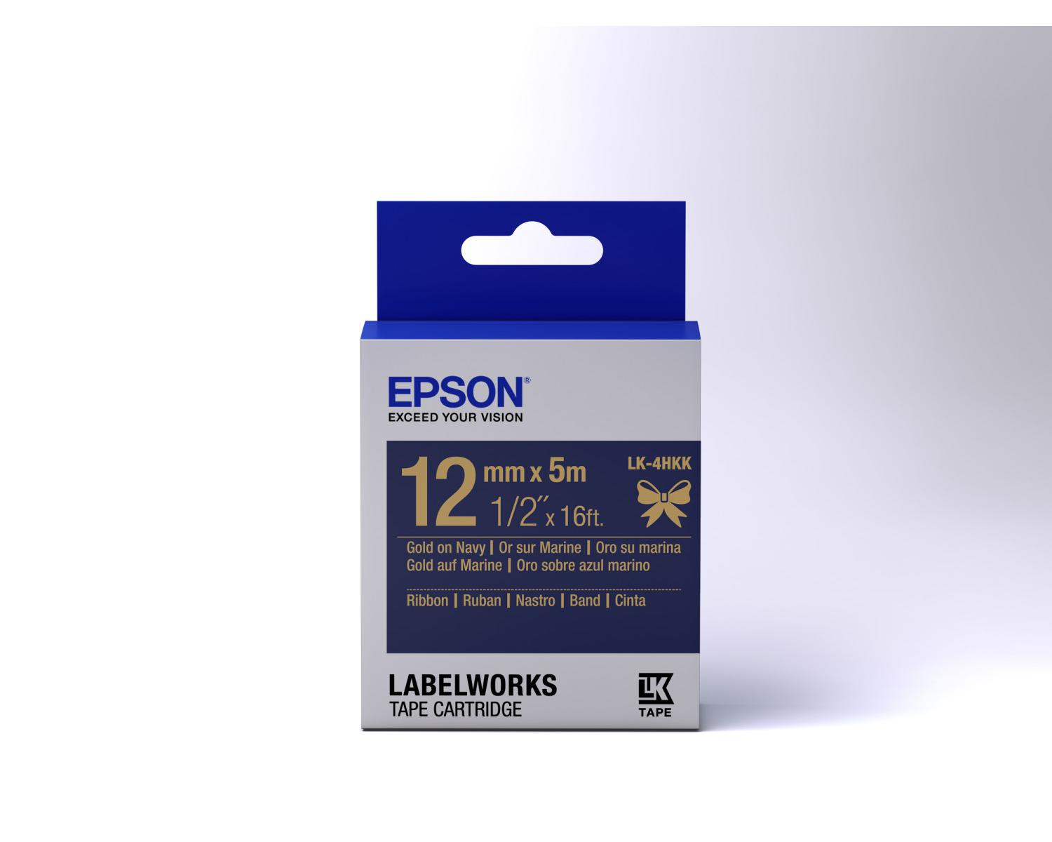 Epson LabelWorks 12mm gold on navy tape cartridge box with bow icon.