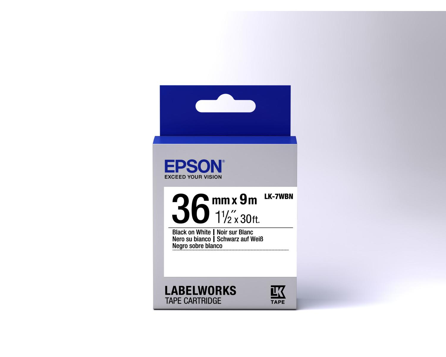 Epson 36mm x 9m LK-7WBN Bandkassette, schwarz auf weiß.