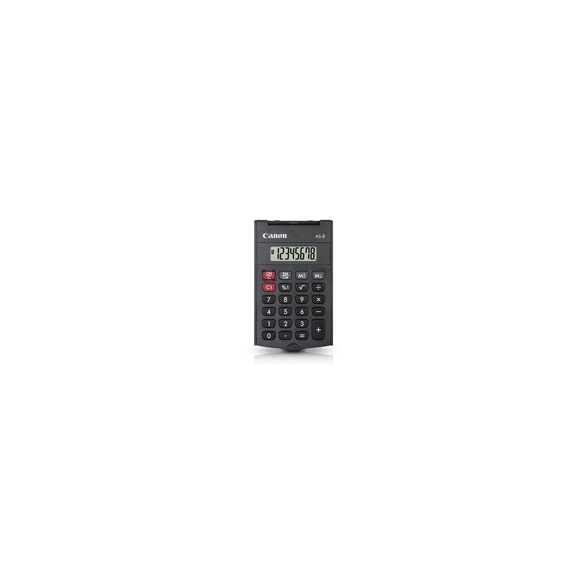 Una calculadora Canon AS-8 negra con pantalla digital que muestra 12345678.