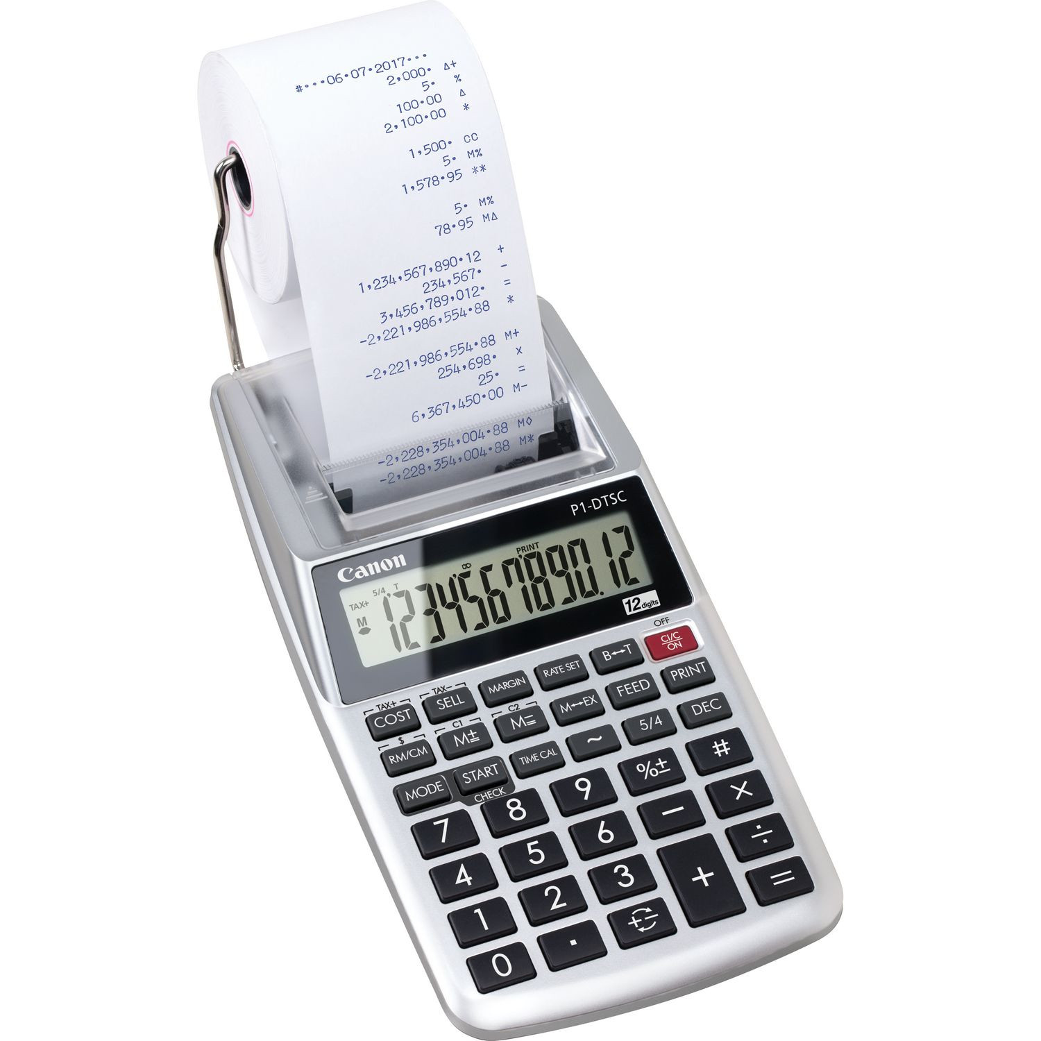 Une calculatrice imprimante Canon argentée avec un reçu en rouleau.