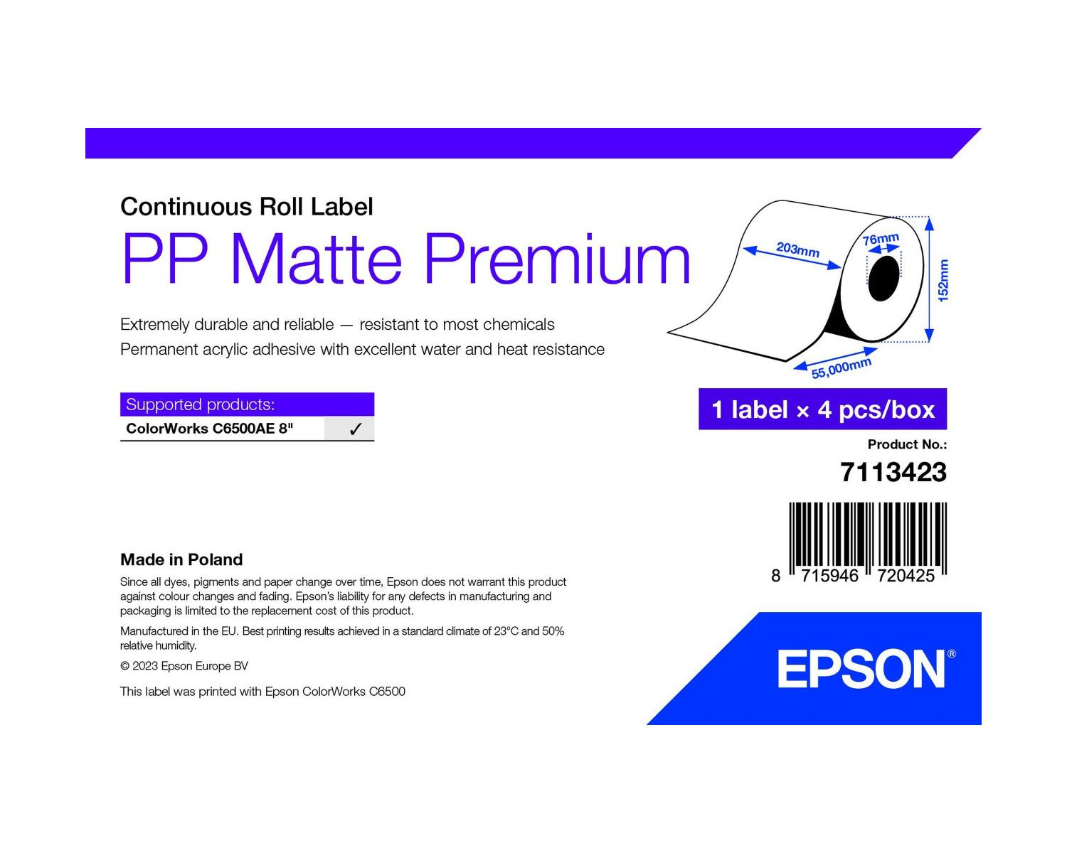 Etikettrolle PP Matte Premium, 203mm breit, 152mm Durchmesser, 55.000mm Länge.