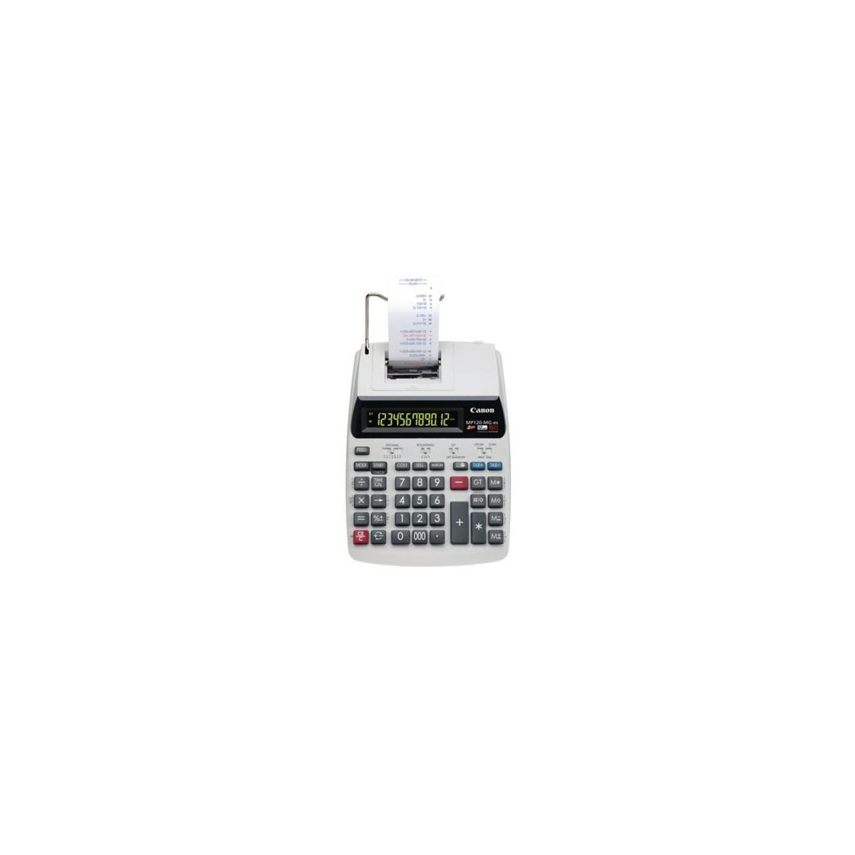 Une calculatrice Canon blanche avec un rouleau de papier imprimé.
