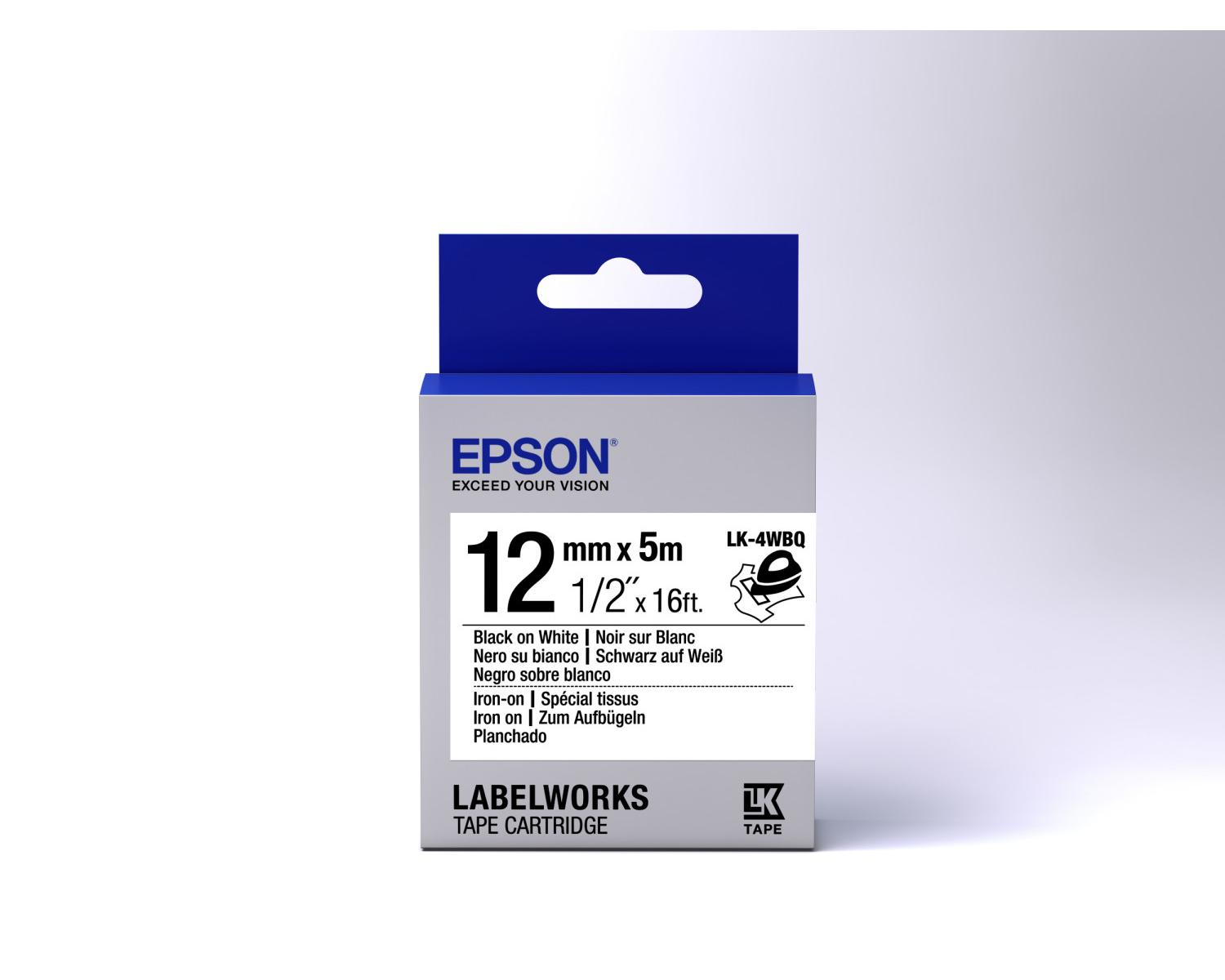 Epson Label Tape Kartusche: 12mm breit, 5m lang, schwarz auf weiß, aufbügelbar.