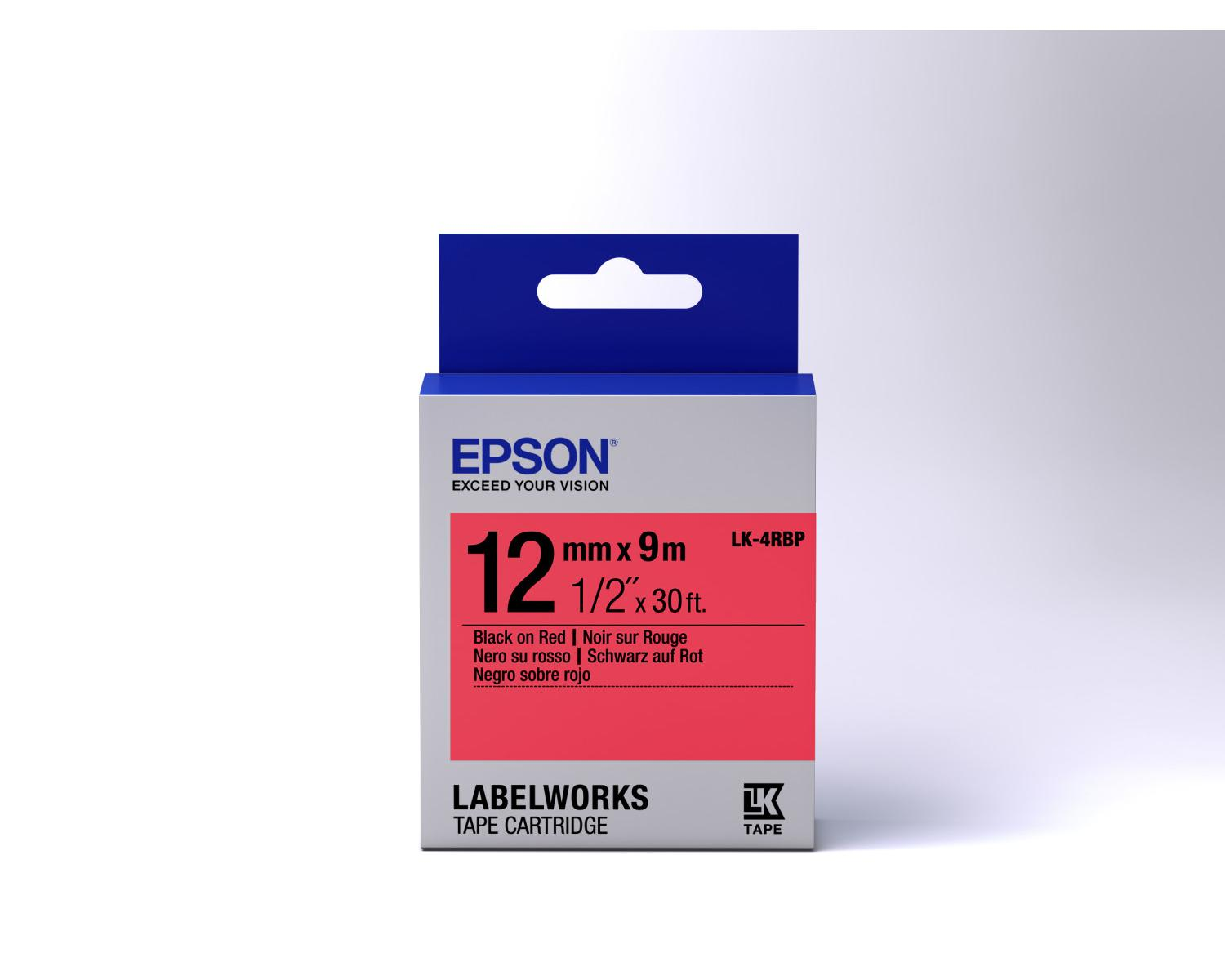 Cinta Epson Labelworks, 12mm, negro sobre rojo, 9m de largo.