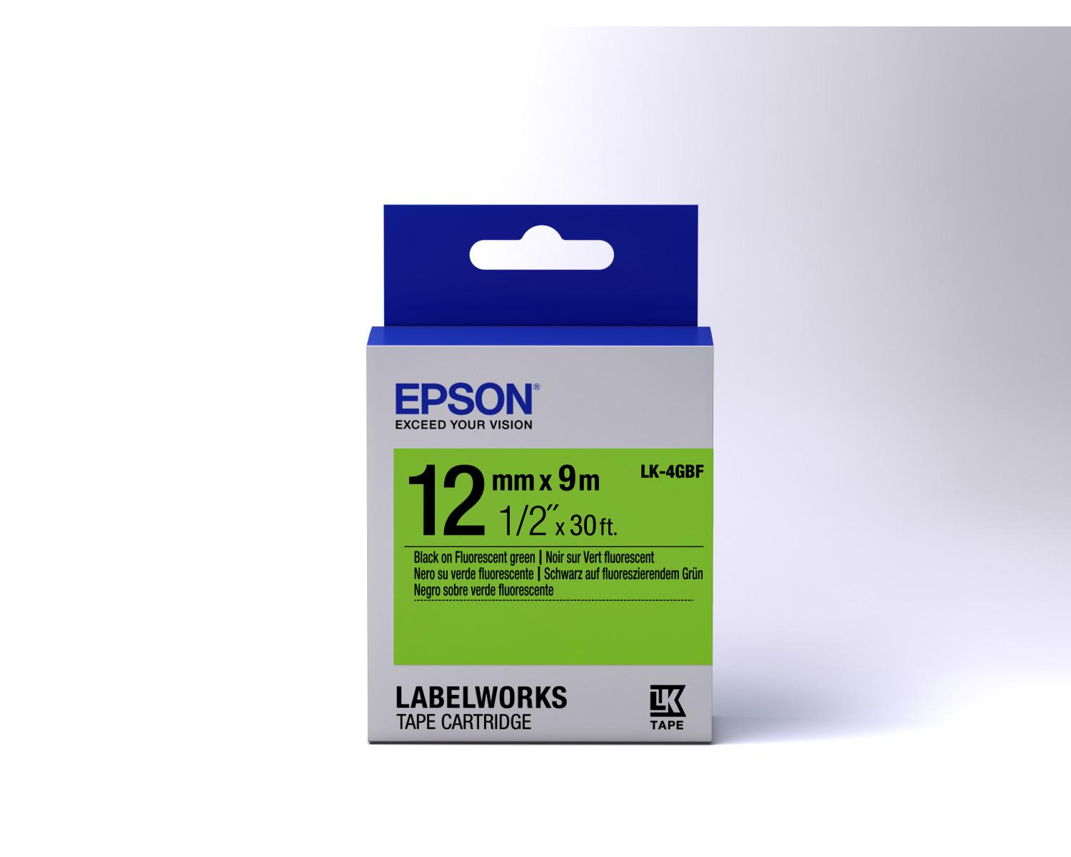 Epson Label Tape: 12mm x 9m, Schwarz auf fluoreszierendem Grün.