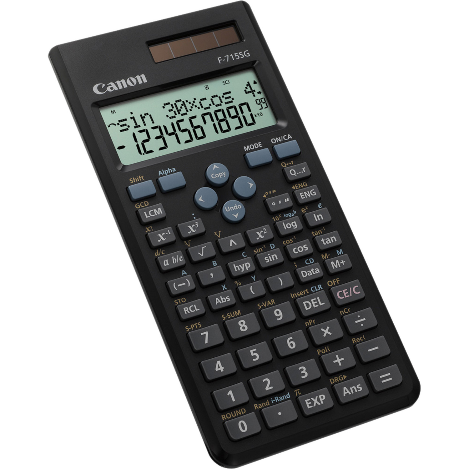 Schwarzer Canon F-715SG Taschenrechner mit Solarpanel und numerischer Tastatur.