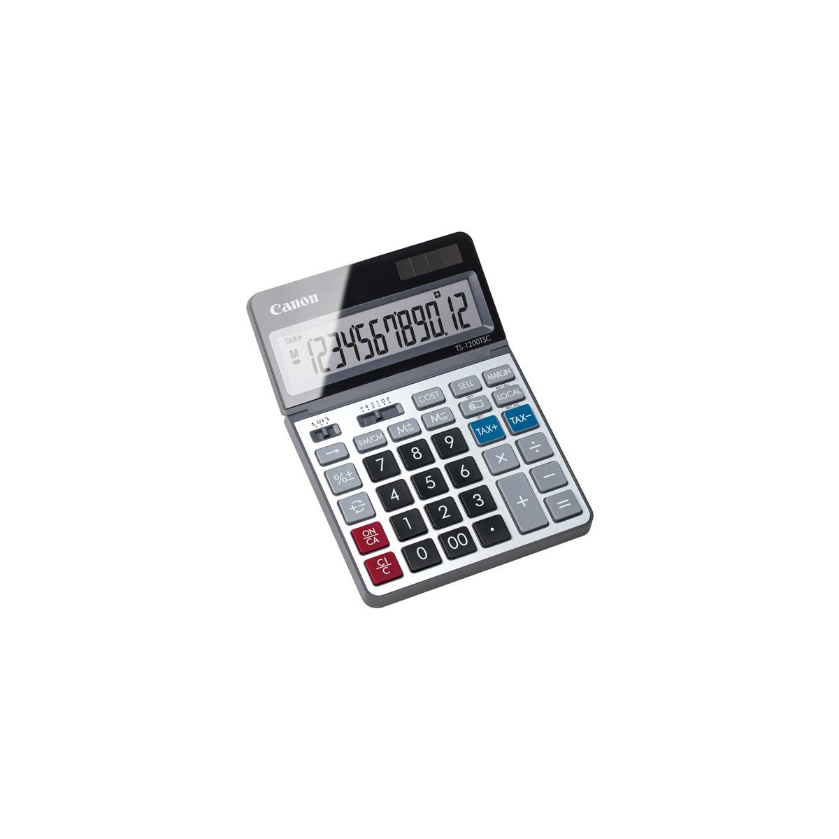 Une calculatrice Canon TS-1200TSC avec un grand écran affichant 1234567890.12.
