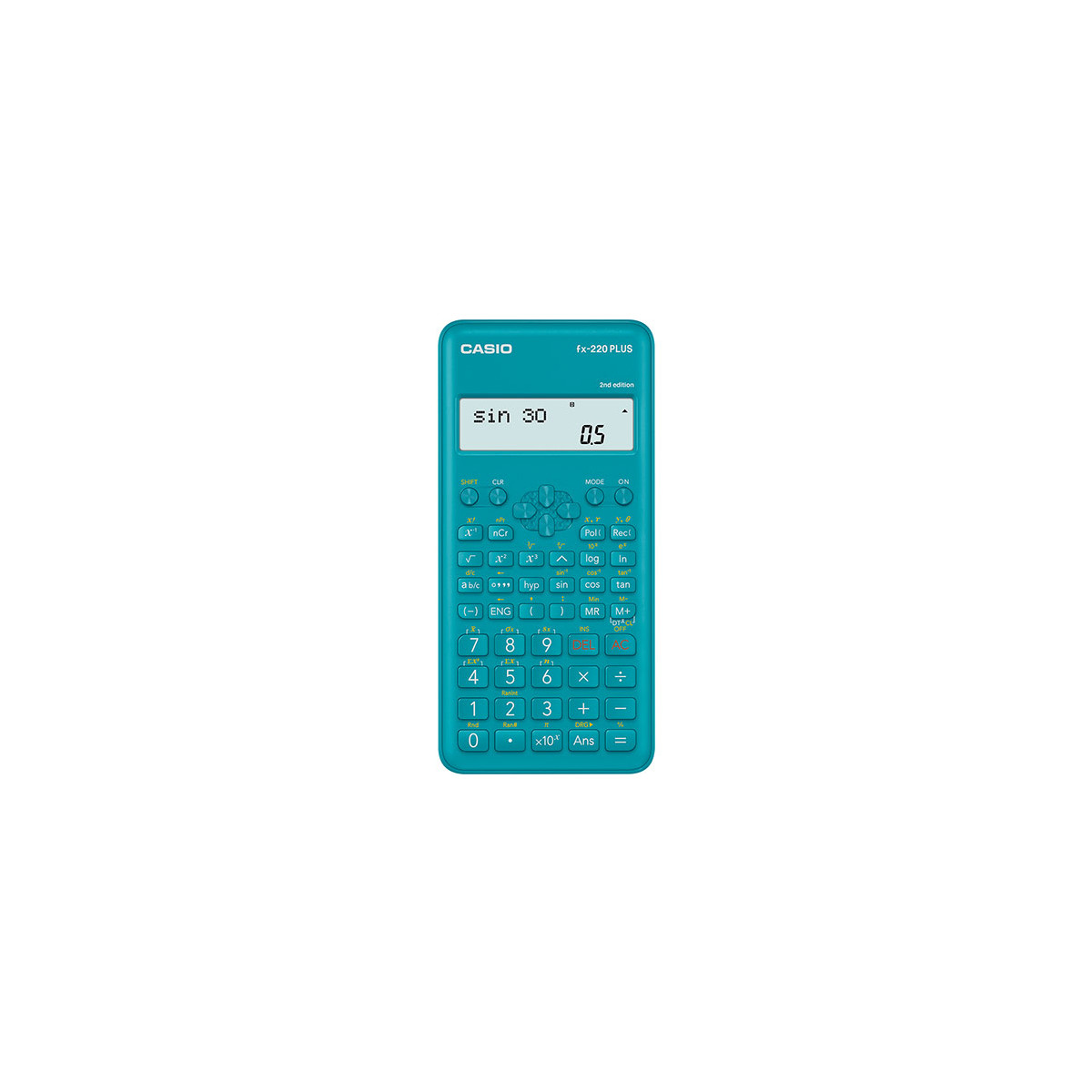 Calculadora científica Casio turquesa que muestra 'sin 30 = 0.5'.