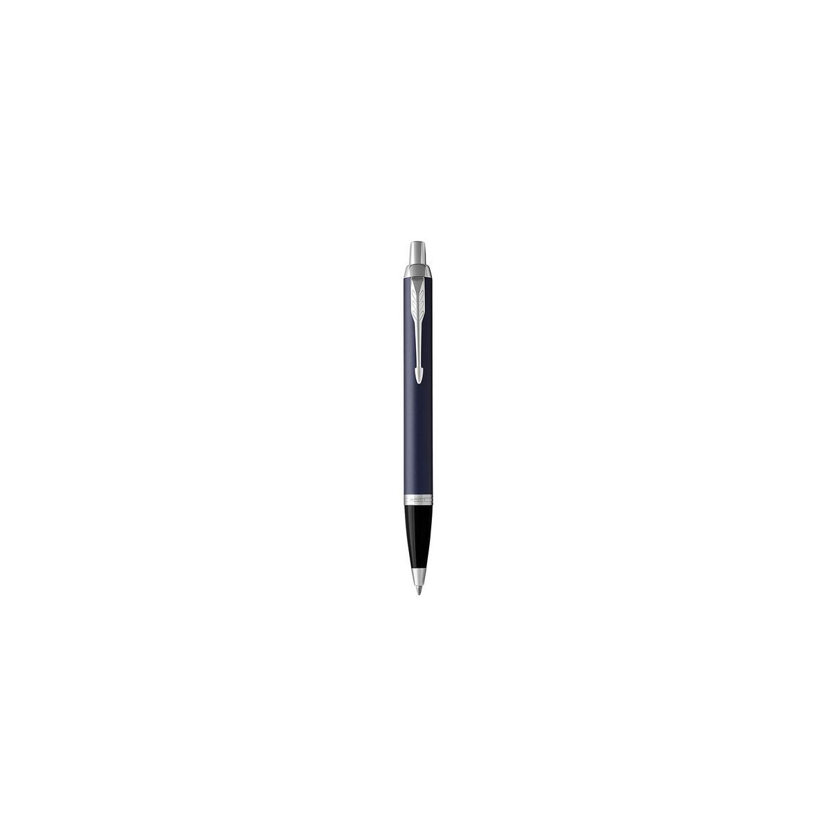 Una penna a sfera Parker blu scuro con clip argentata.