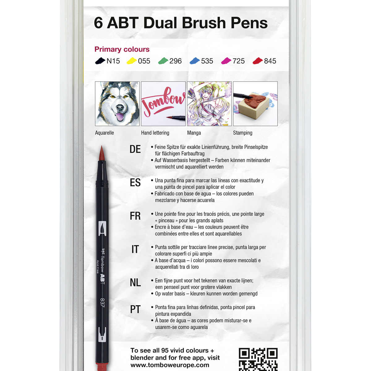 6 ABT Dual Brush Pens: Primärfarben, Aquarell-, Handlettering-, Manga- & Stempel-Beispiele.