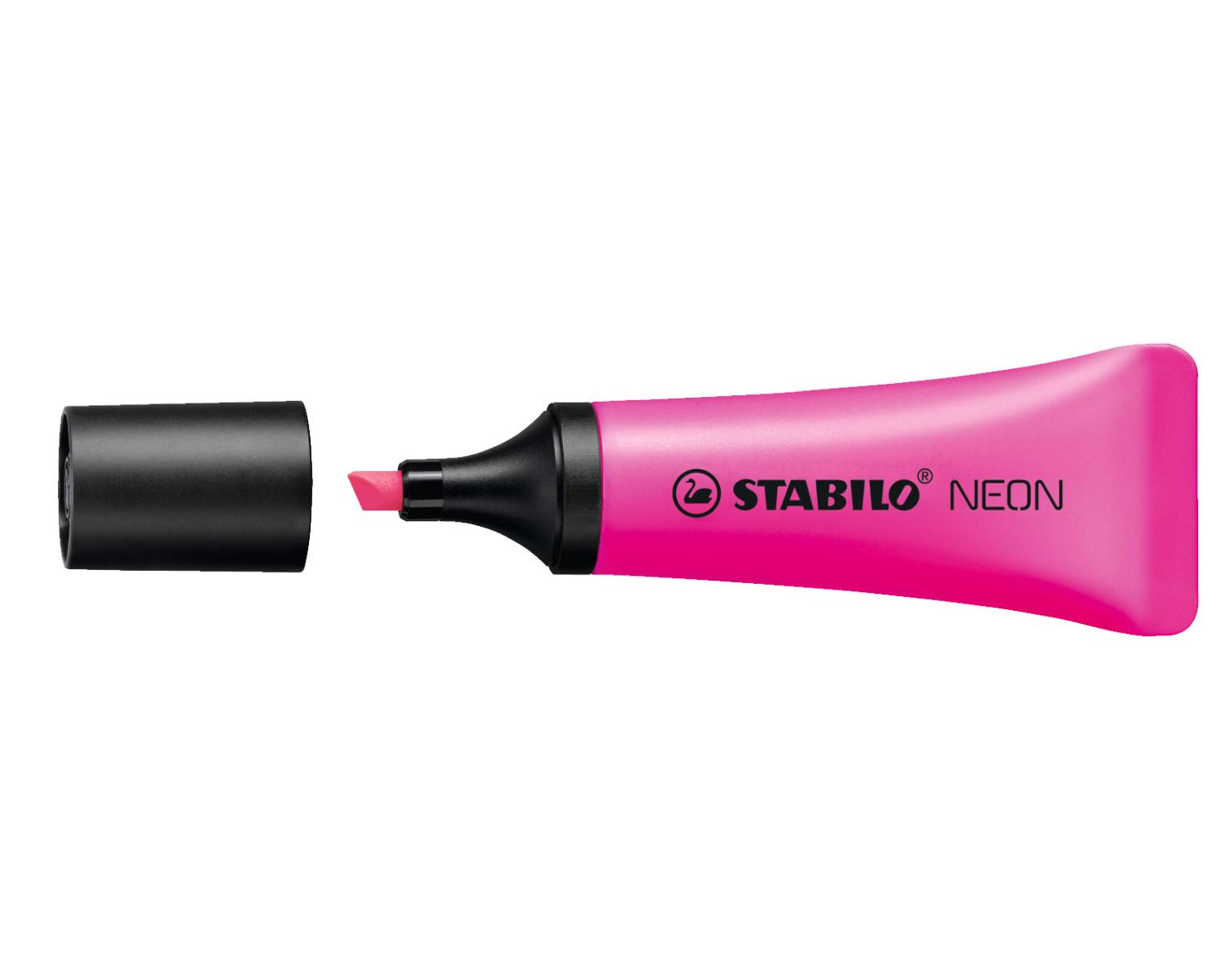 Un evidenziatore Stabilo Neon rosa con il tappo rimosso.