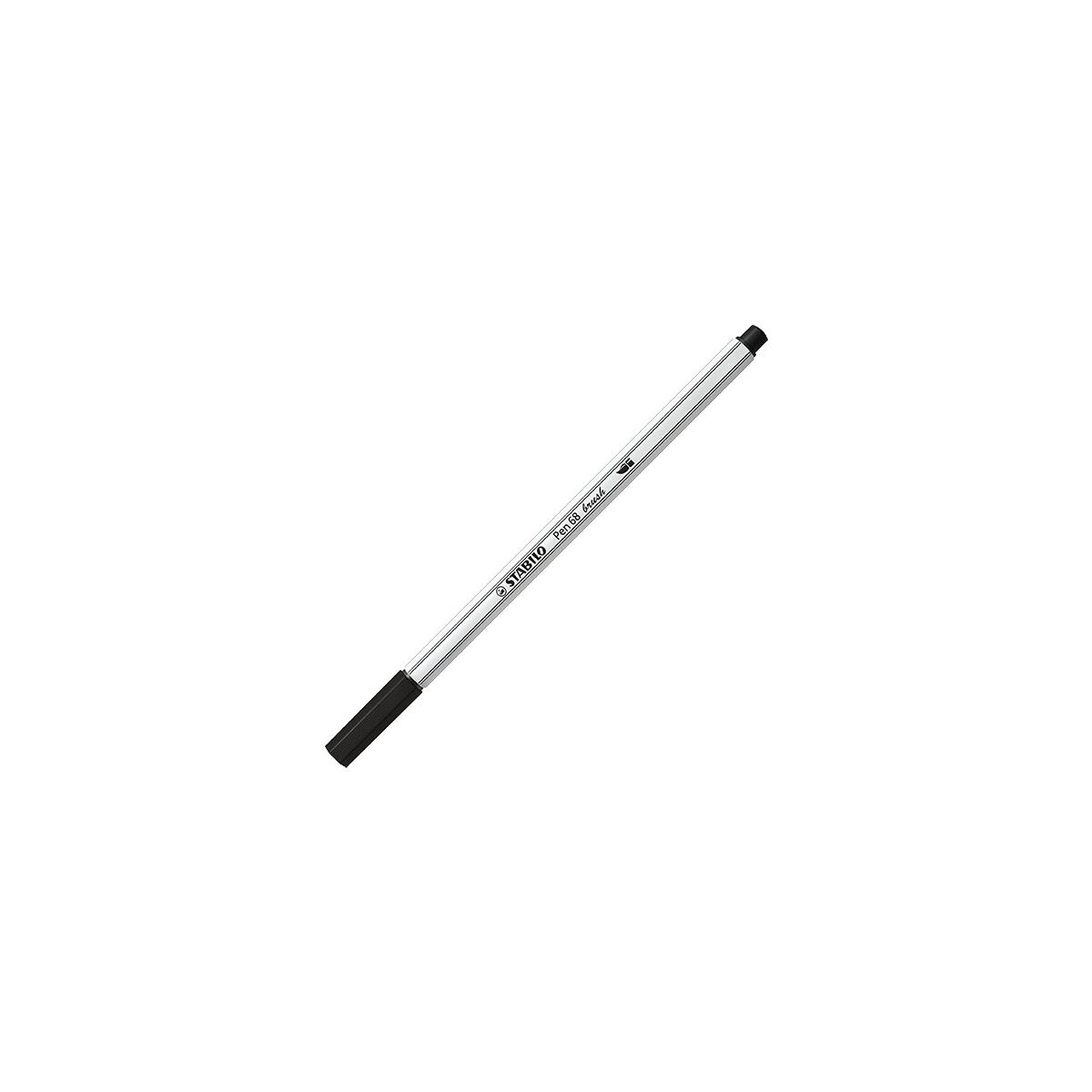Una penna Stabilo Pen 68 Brush nera con corpo argentato.
