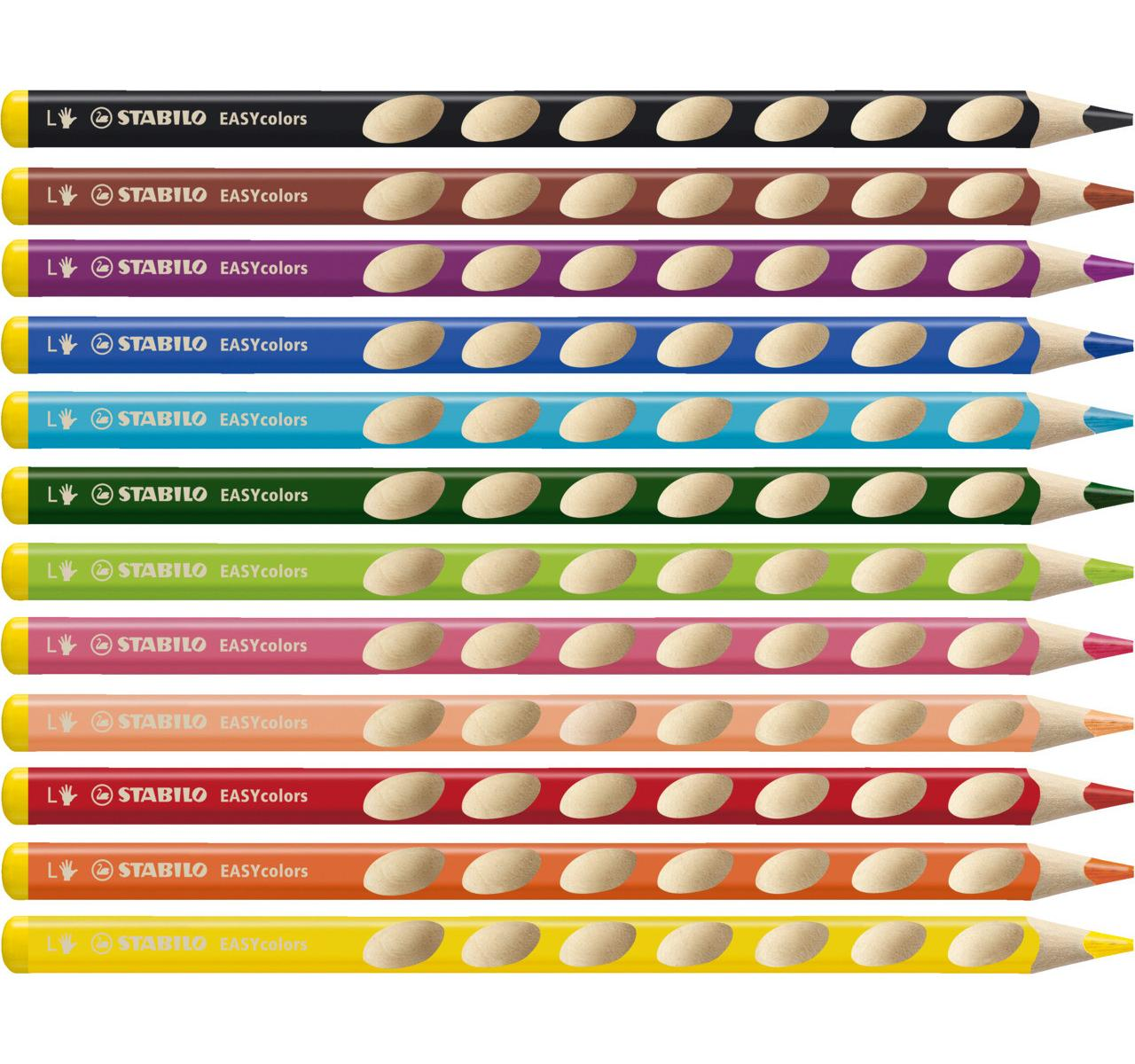 Zehn Reihen von Stabilo Easycolors-Buntstiften in verschiedenen Farben, die nach links zeigen.