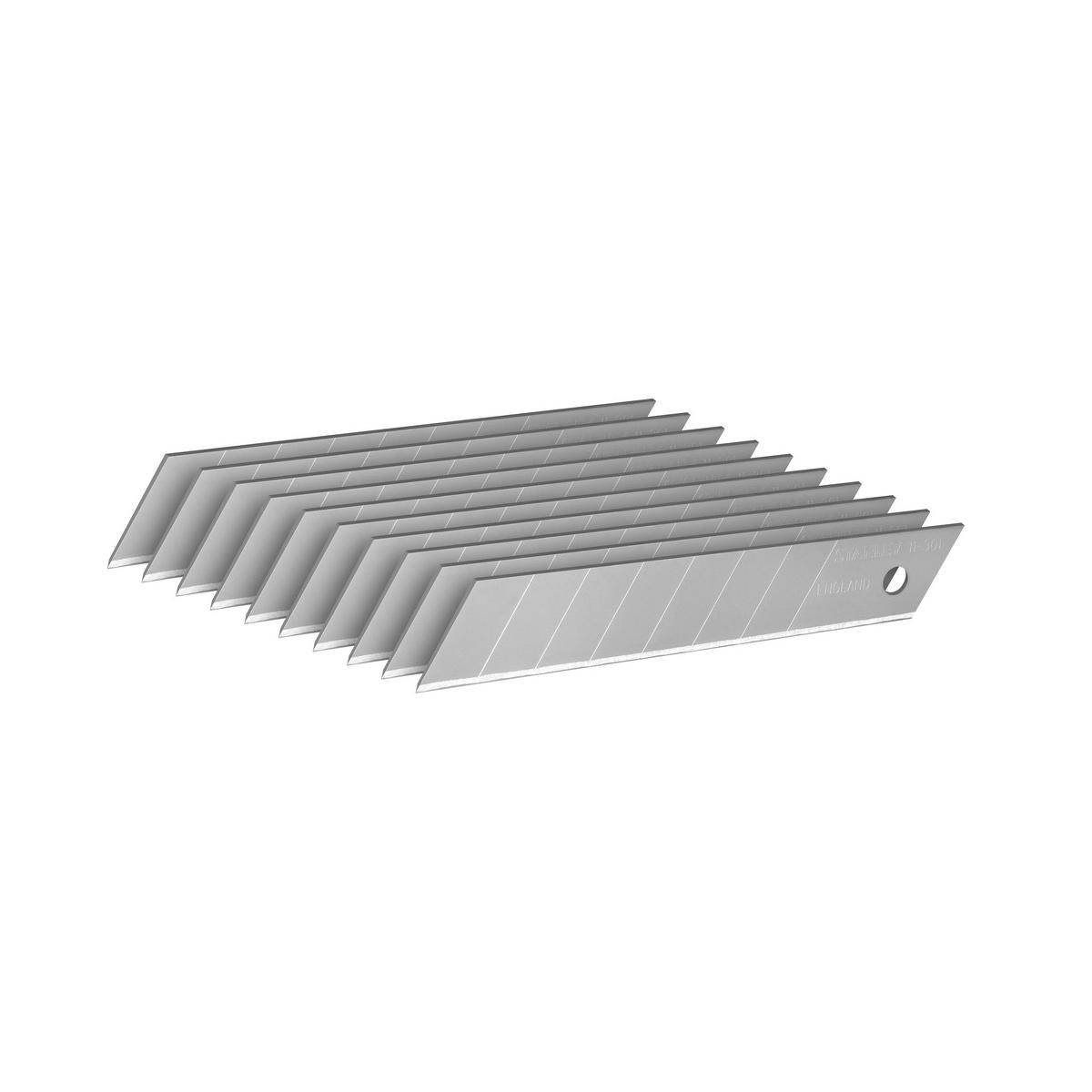 Eine Reihe von silbernen Ersatzklingen für ein Cuttermesser, die übereinander liegen.