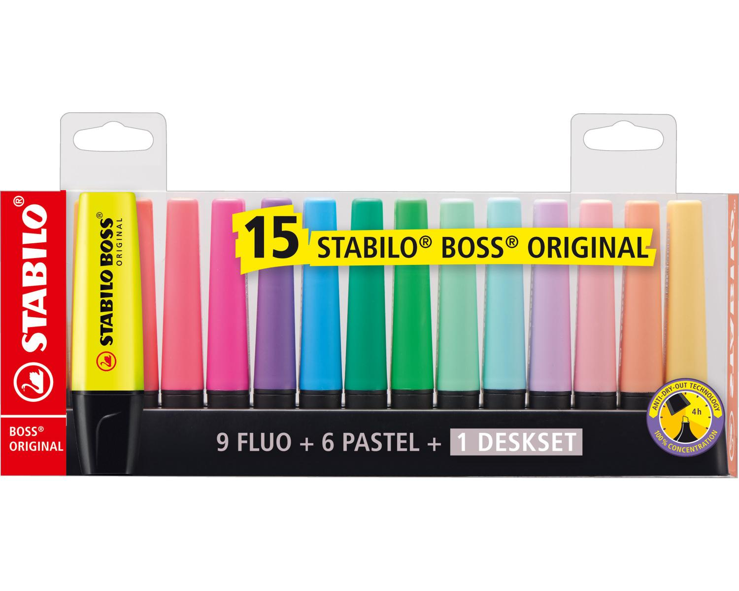 Ein Set mit 15 Stabilo Boss Original Textmarkern in verschiedenen leuchtenden und Pastellfarben.