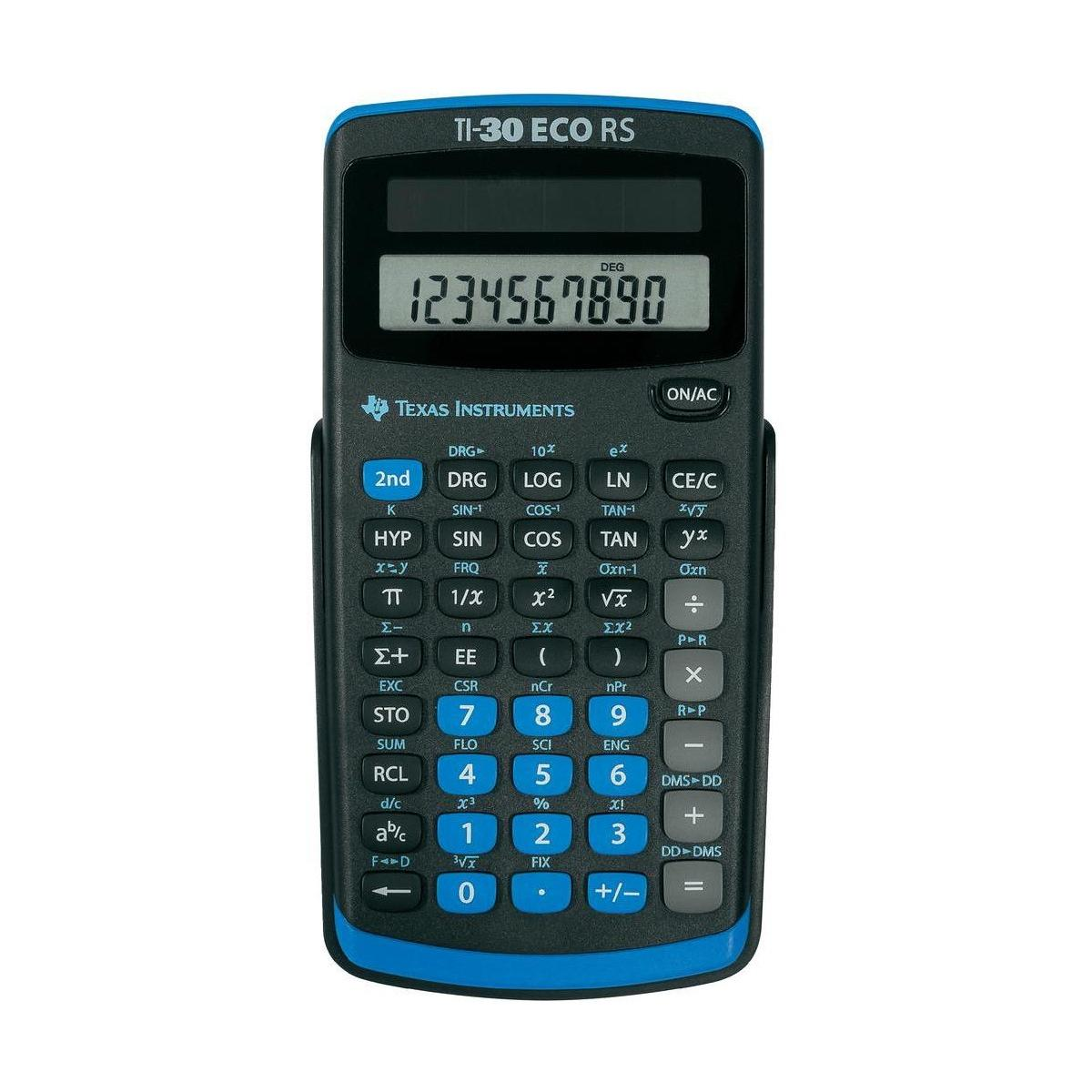 Zwarte Texas Instruments TI-30 ECO RS wetenschappelijke rekenmachine met groot digitaal display waarop 1234567890 wordt weergegeven.