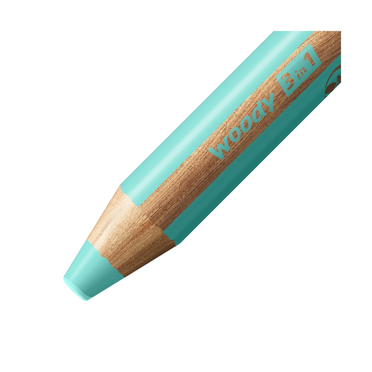 Una matita color turchese con venature di legno e testo "Woody 3 in 1".