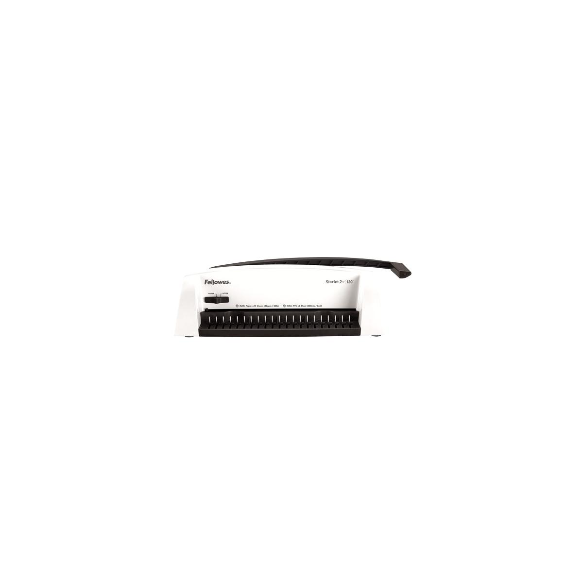 Weißer Fellowes Starlet 2+ 120 Kamm-Binder mit schwarzem Griff und Kamm-Schlitzen.