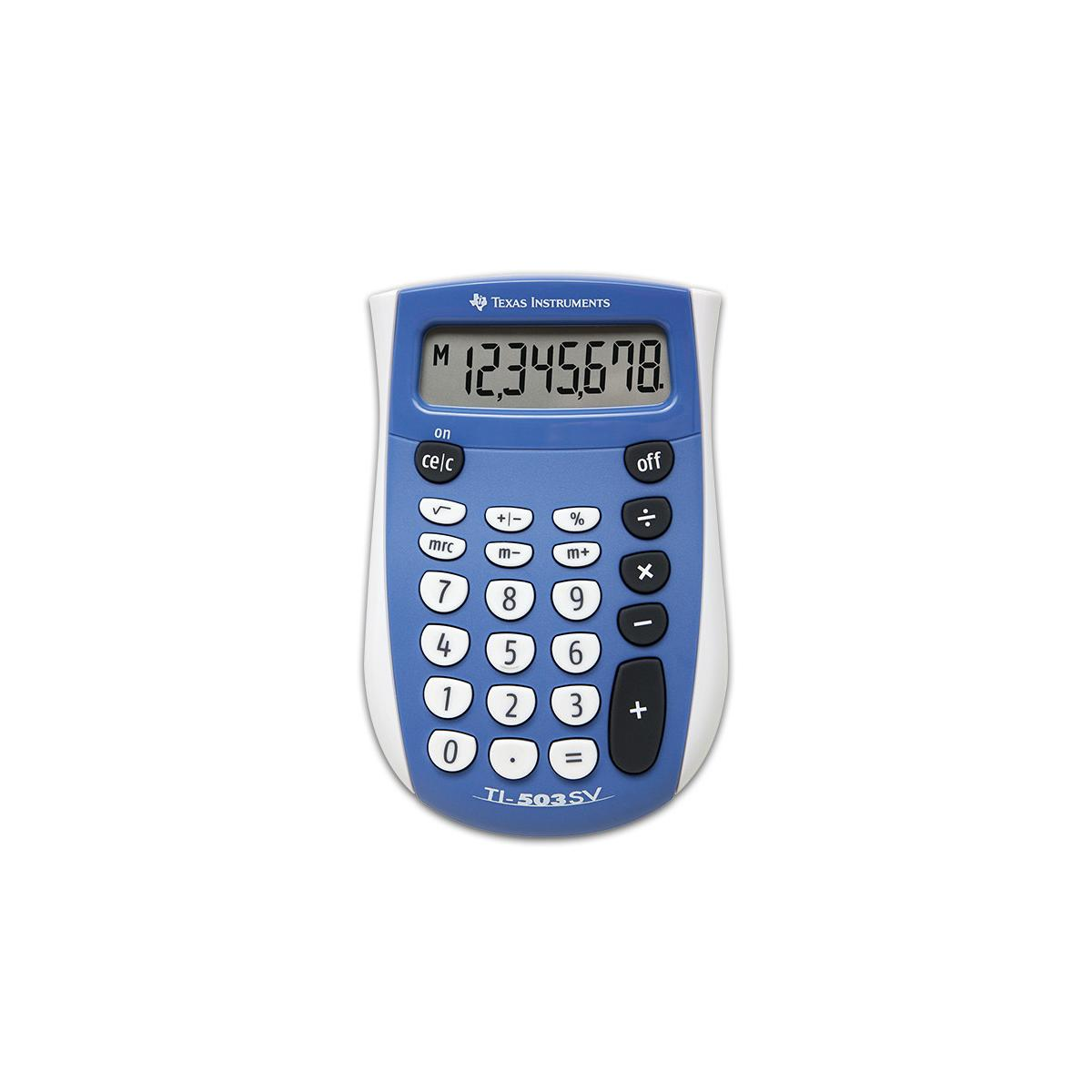 Ein blauer und weißer Texas Instruments Taschenrechner mit der Anzeige 12.345.678.