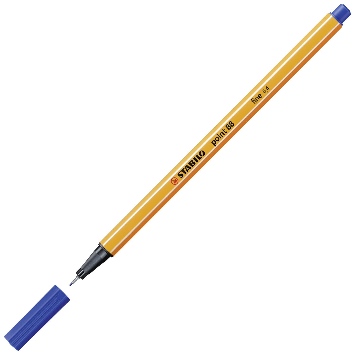 Una penna arancione con cappuccio blu, su sfondo bianco.