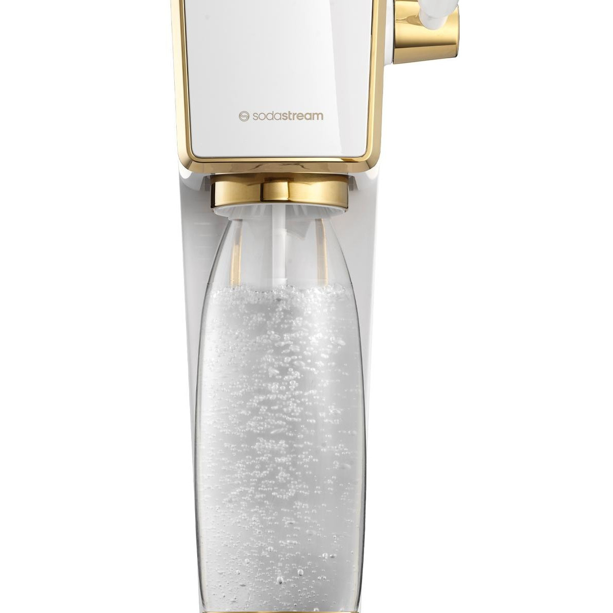 Una macchina Sodastream bianca con accenti dorati e una bottiglia piena.