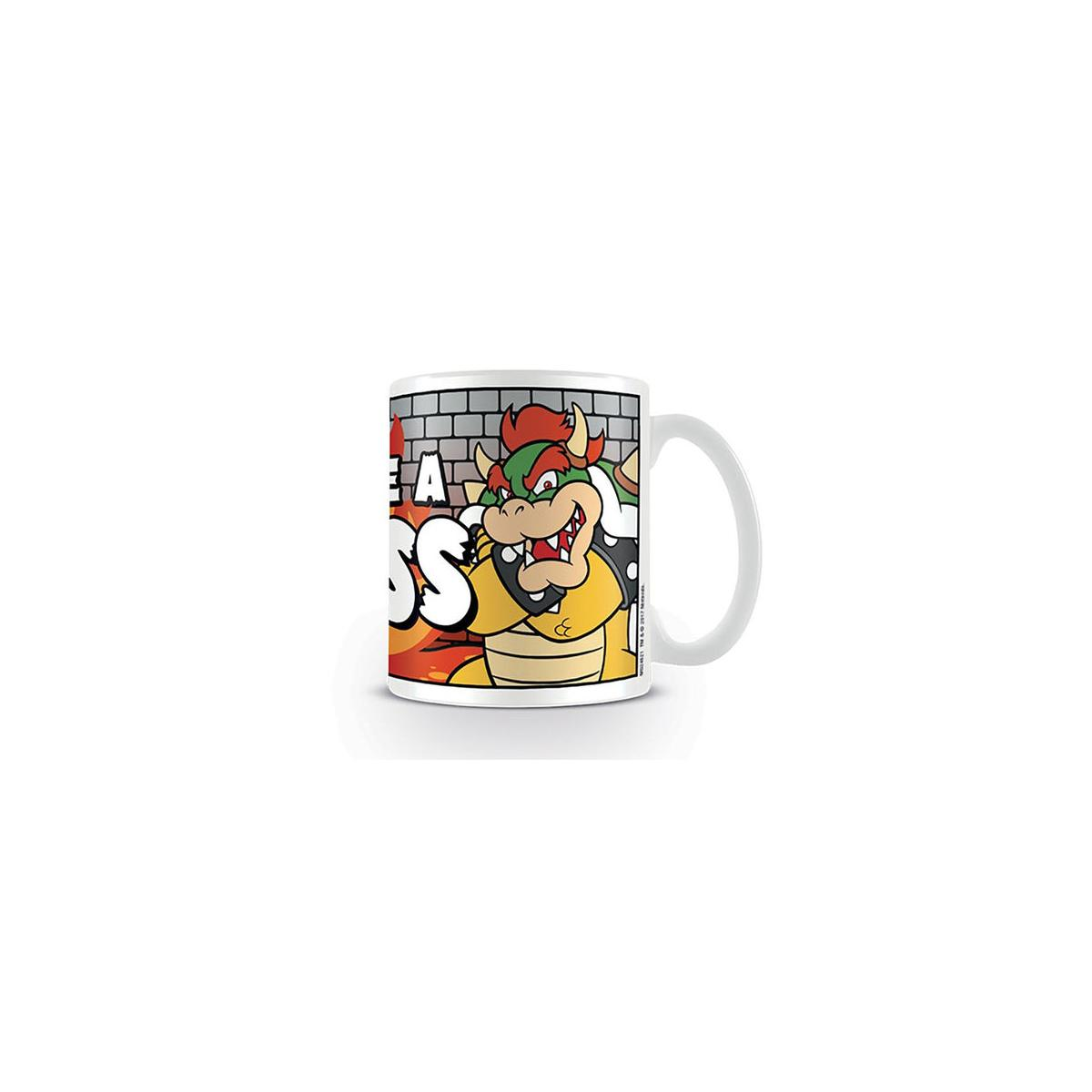 Tasse mit Bowser, der als Boss dargestellt wird, auf einem gemauerten Hintergrund.