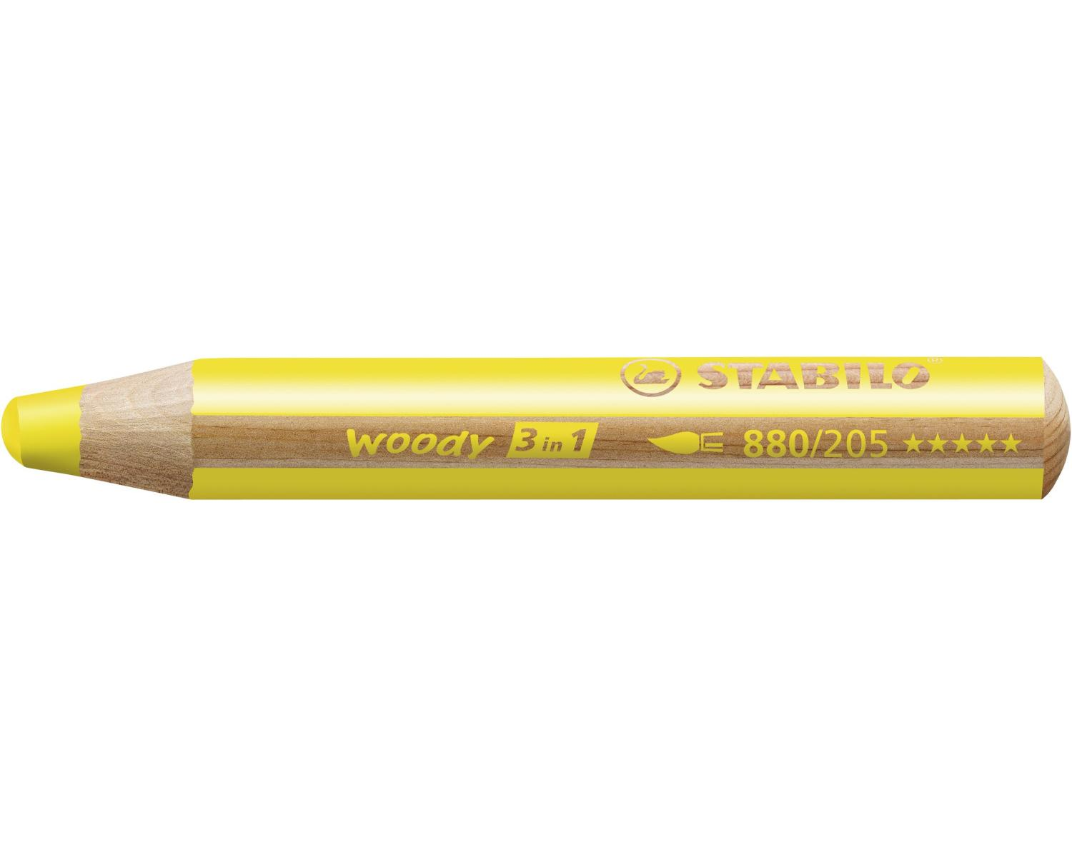 Ein gelber Stabilo Woody 3-in-1-Buntstift mit Holzschaft.