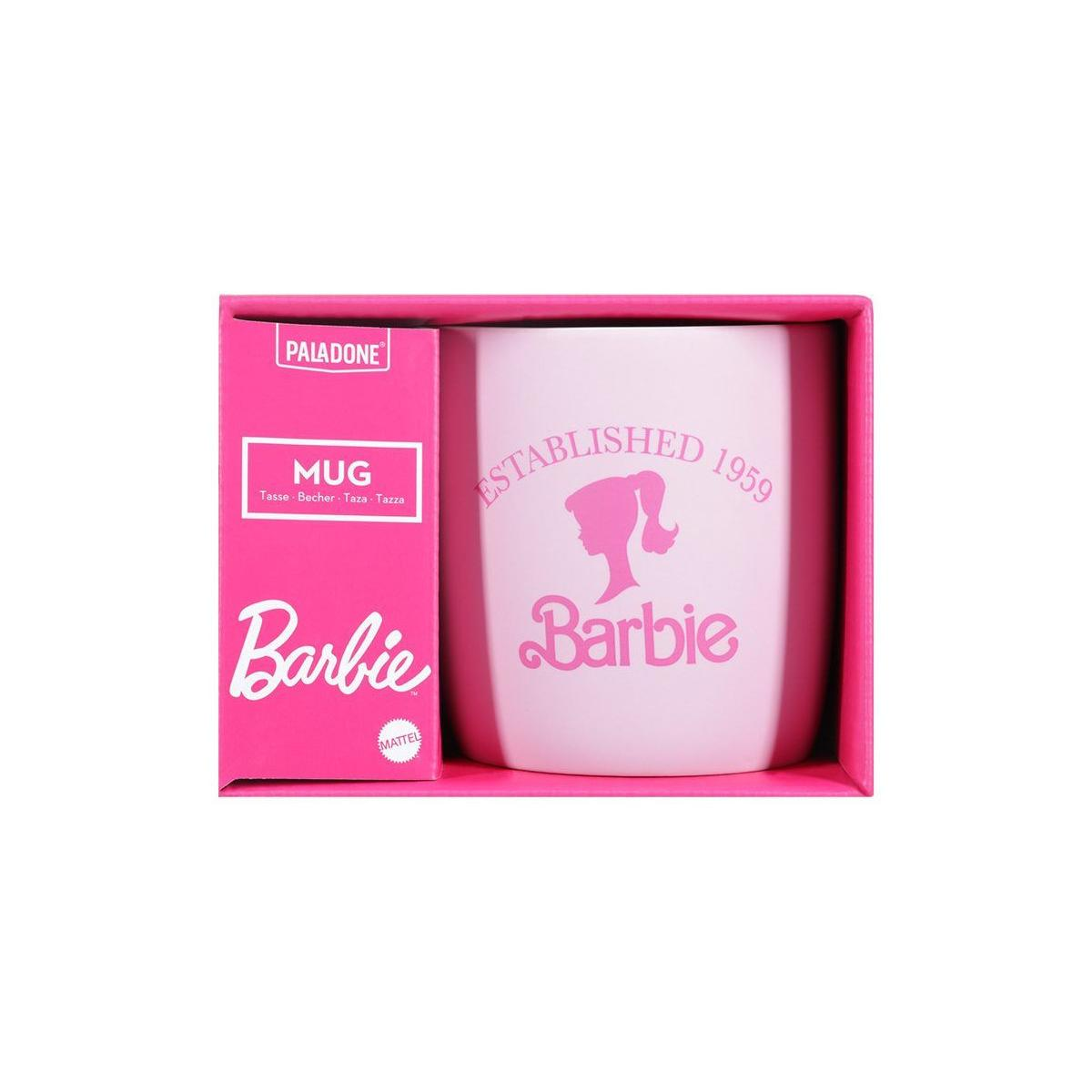 Różowy kubek Barbie z sylwetką Barbie i rokiem założenia 1959.