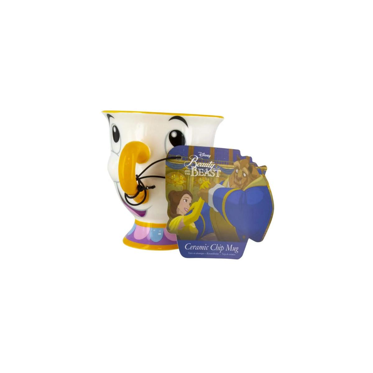Eine weiße Keramiktasse im Stil von Chip aus die Schöne und das Biest.