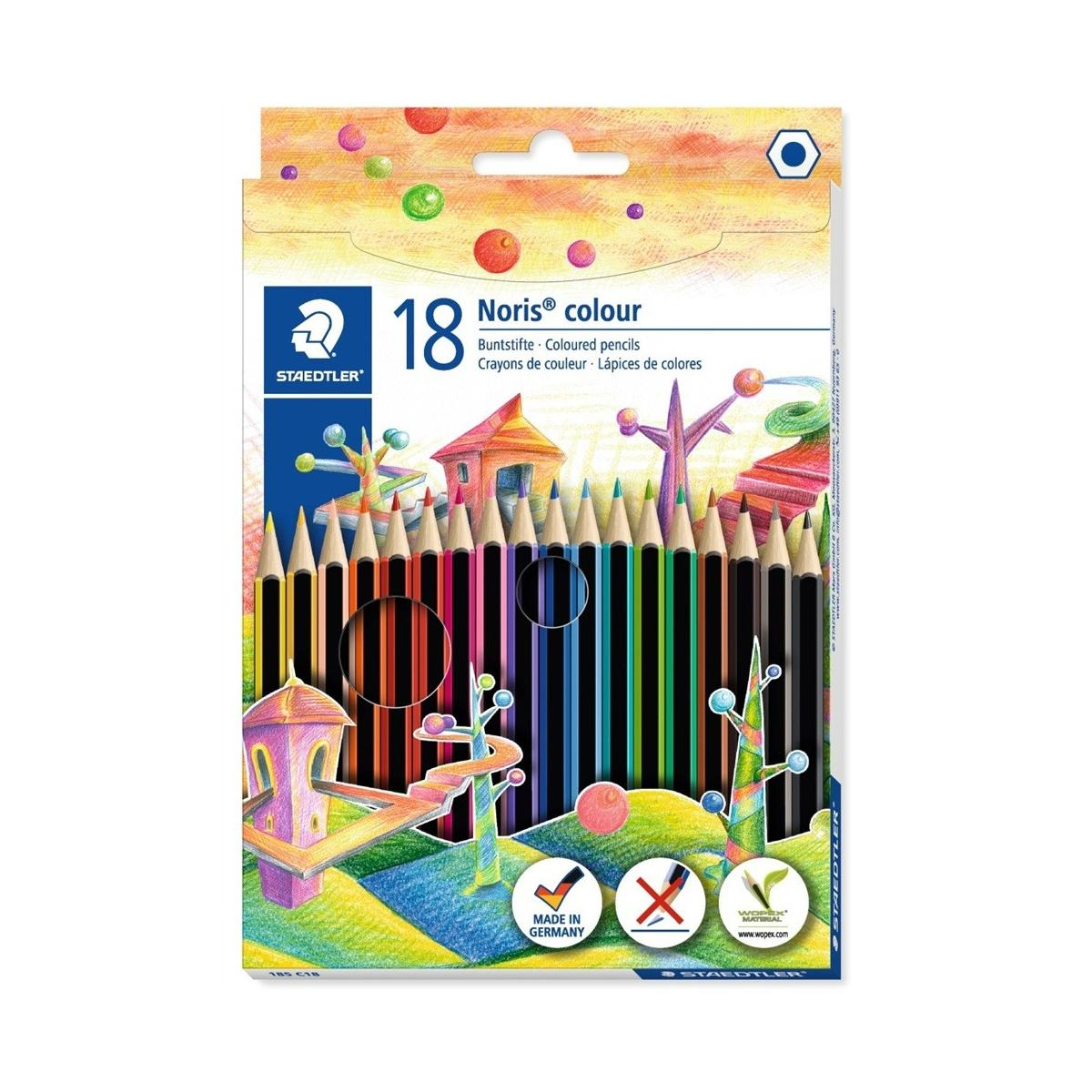Packung mit 18 Staedtler Noris Farbstiften mit Buntstift-Motiv.