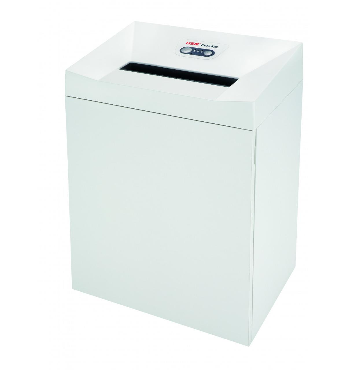 Una trituradora de papel blanca HSM Pure 530 se alza sola sobre un fondo blanco.