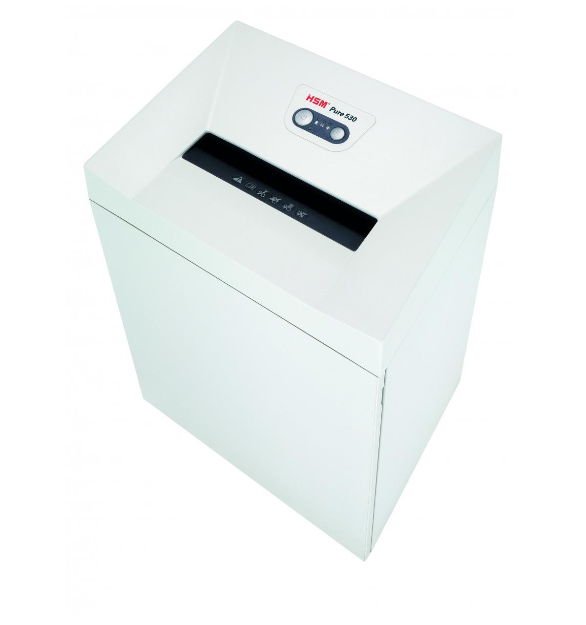 Trituradora de papel blanca HSM Pure 530 con panel de control y ranura.