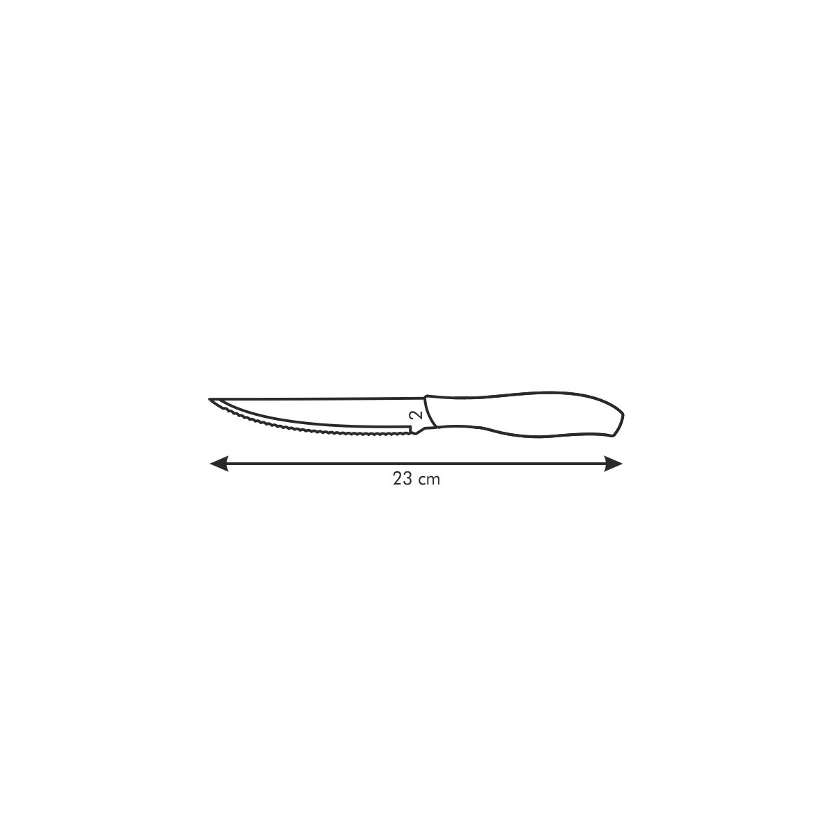Eine detaillierte Zeichnung eines Messers mit einer gezackten Klinge und einem Griff. Die Gesamtlänge beträgt 23 cm.