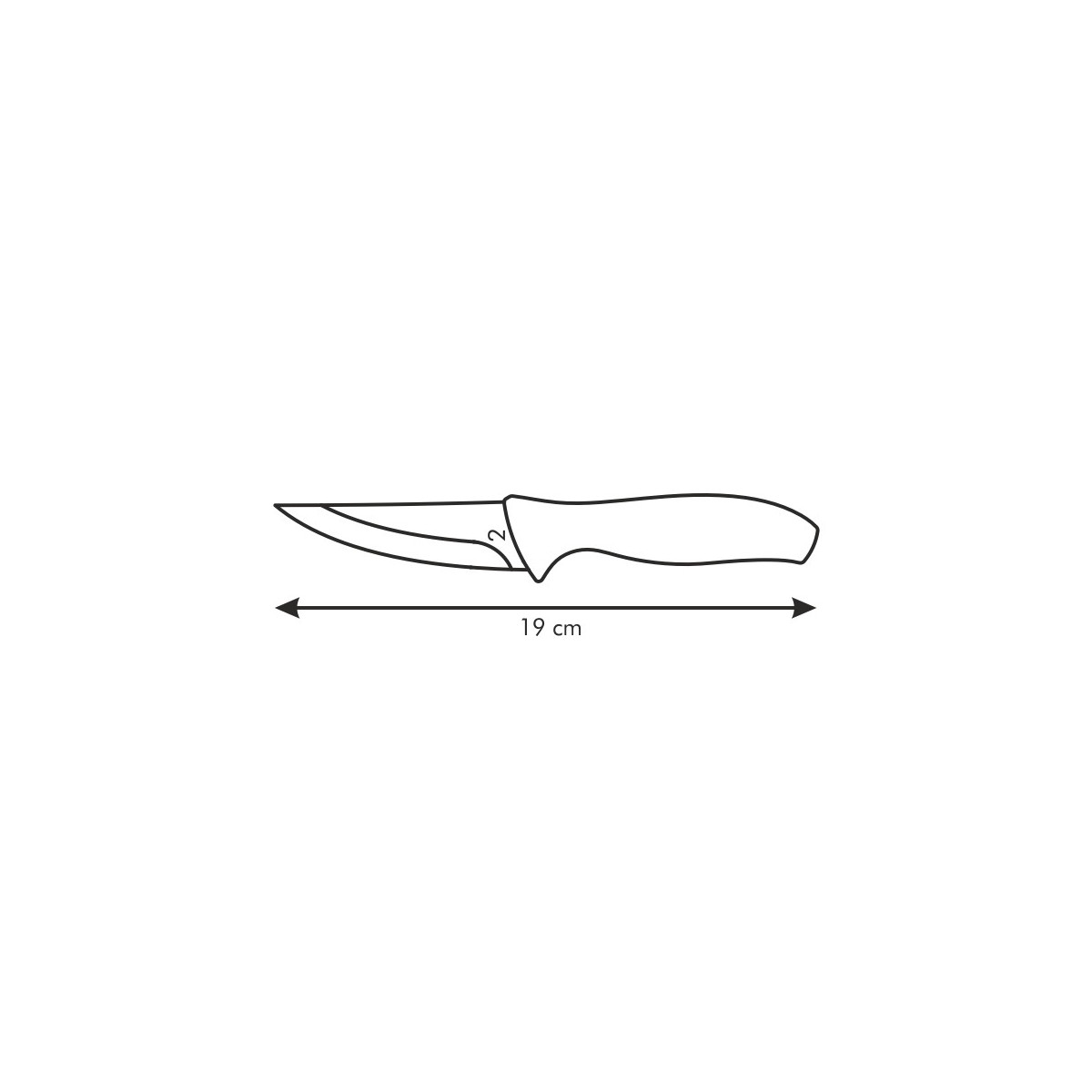 Un dibujo lineal de un cuchillo con una longitud total de 19 cm.