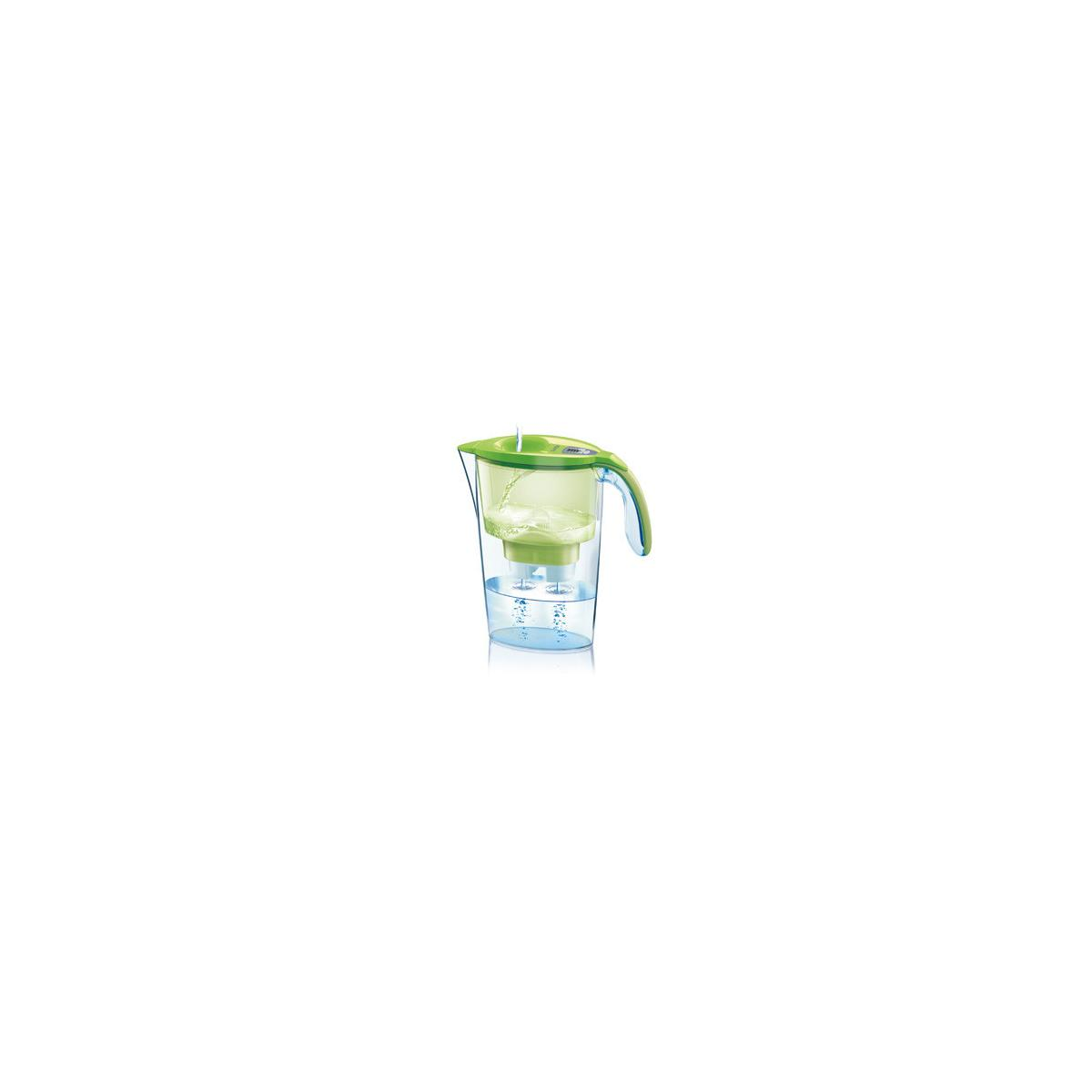 Eine grüne und klare Wasserfilterkanne mit Wasser darin.