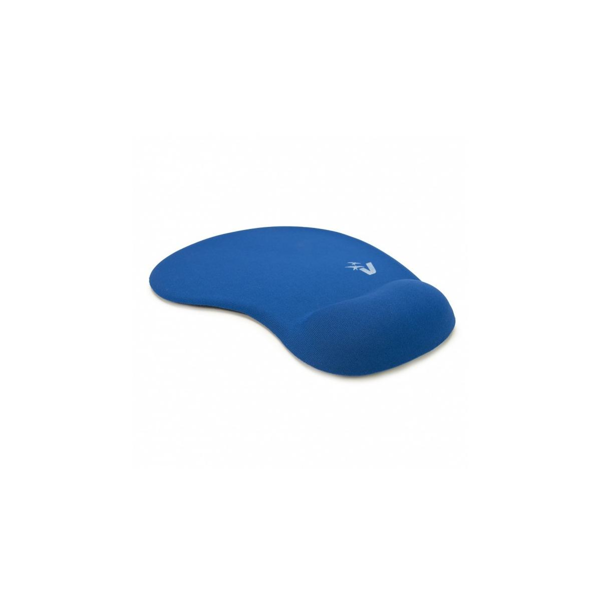Ein blaues Mauspad mit Handballenauflage und einem kleinen weißen Logo.