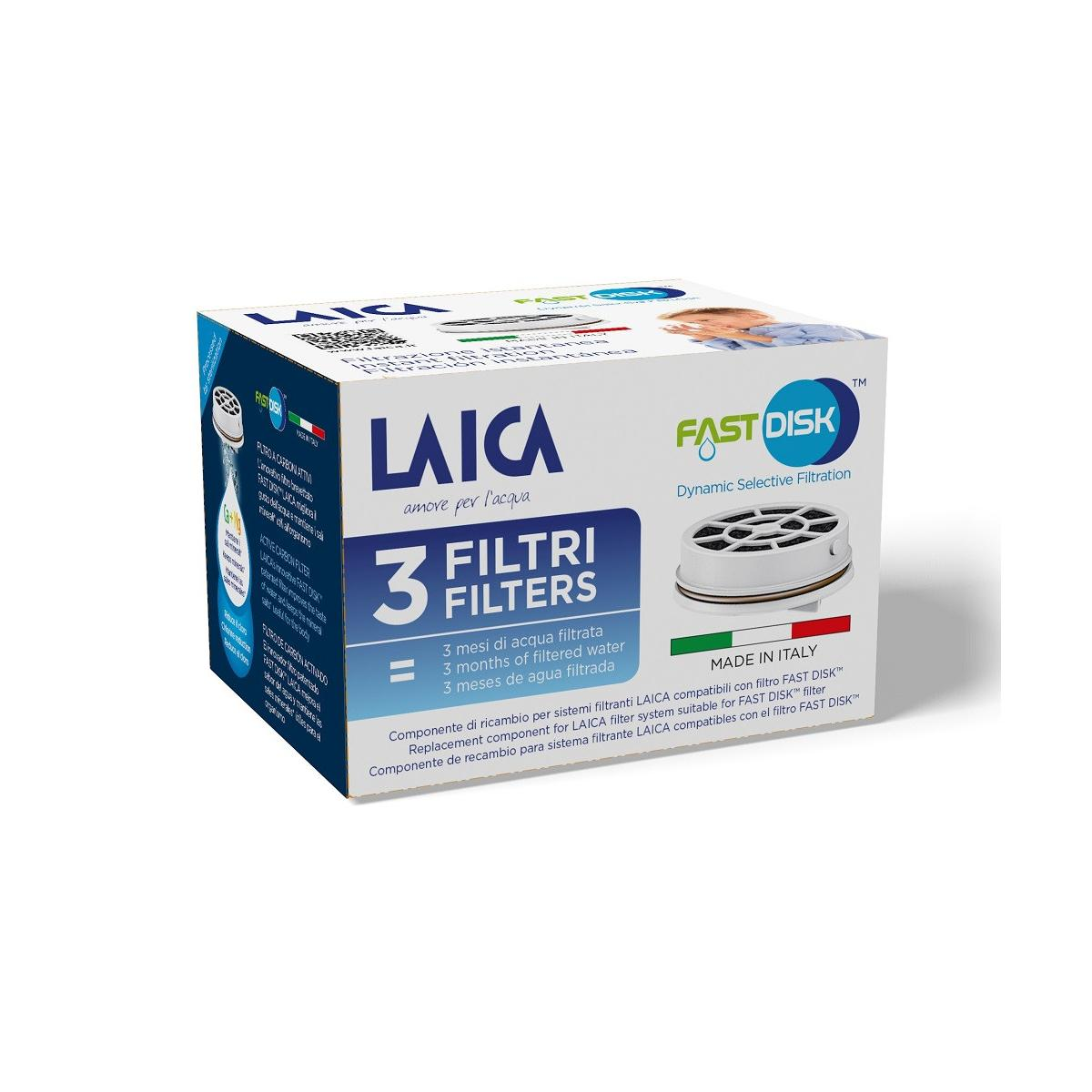 Pudełko trzech filtrów do wody LAICA FAST DISK, Made in Italy.