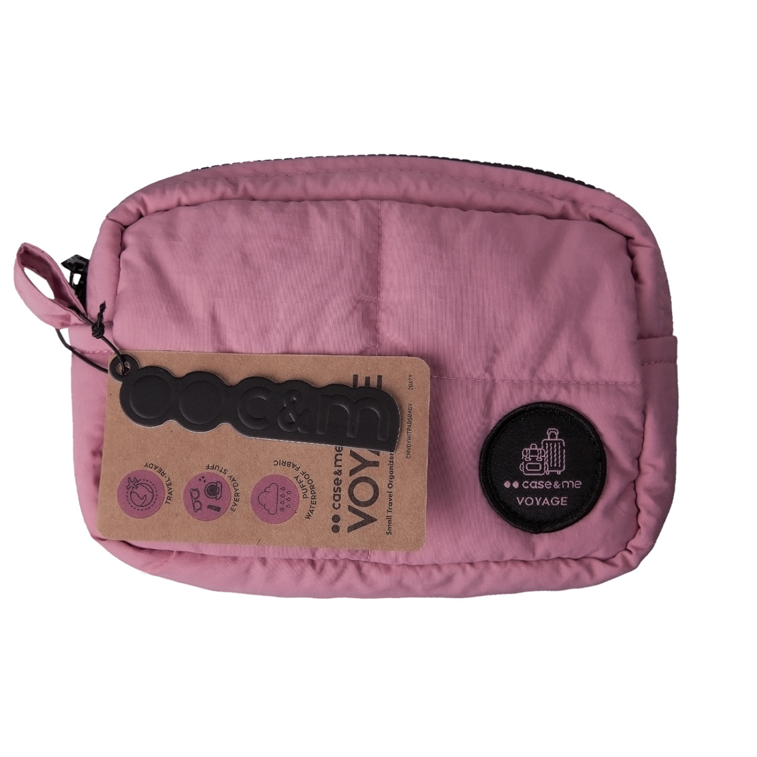 Una bolsa color rosa polvo con cremallera y etiqueta.