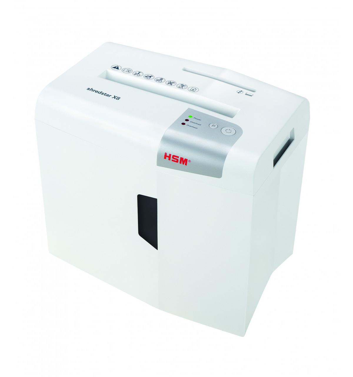 Een witte HSM Shredstar X8 papierversnipperaar met bedieningspaneel en aan/uitknop.