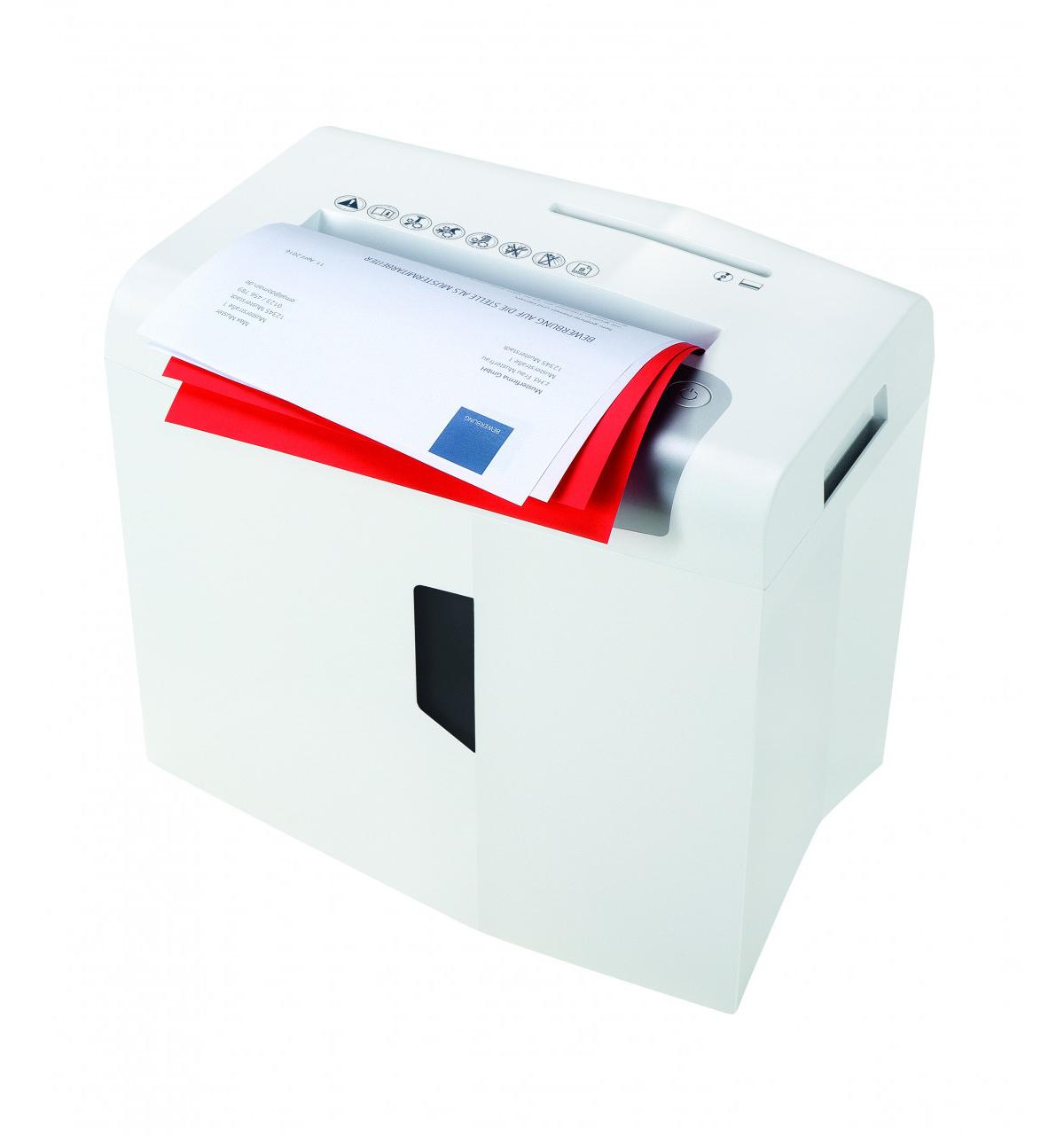 Een witte papierversnipperaar met rode en witte documenten in de invoer.