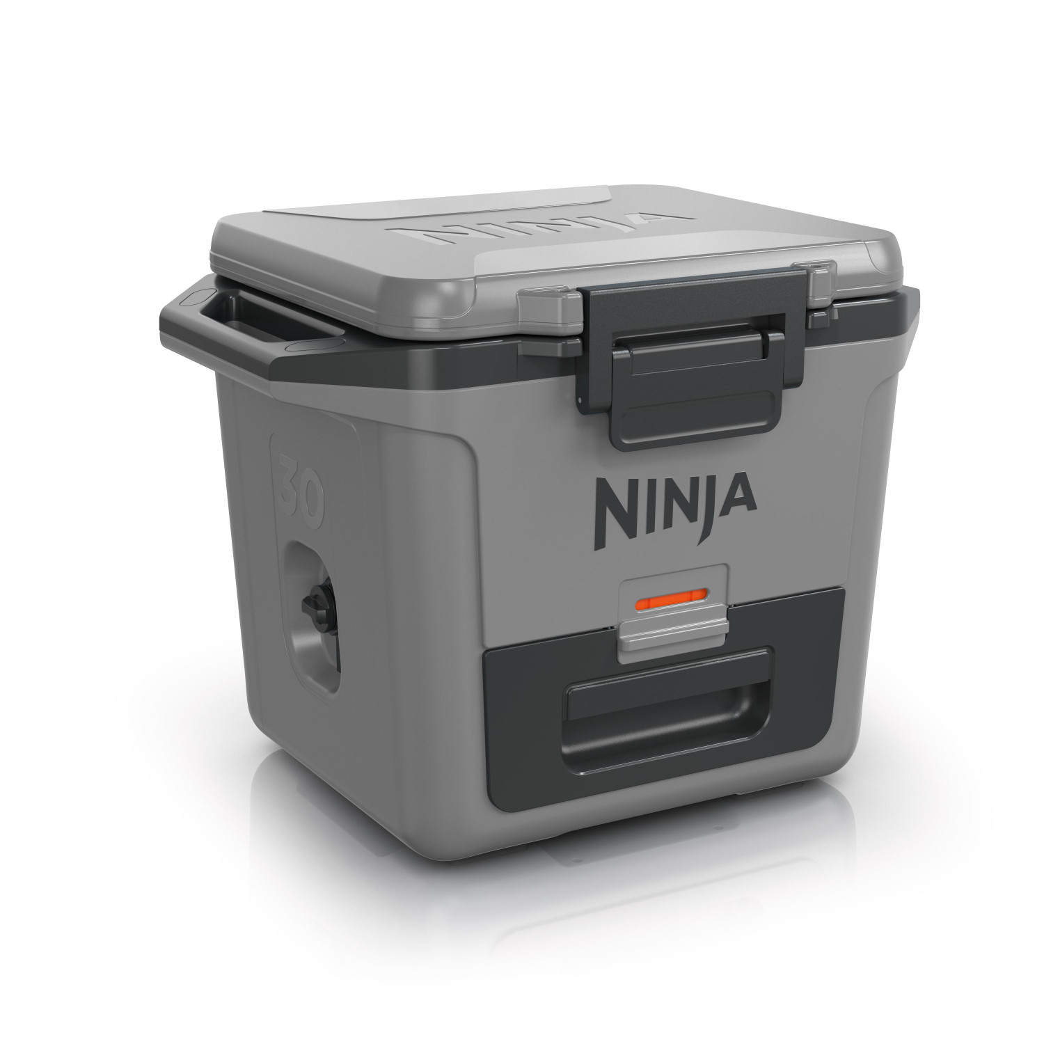 Grijze Ninja koelbox met zwart handvat en sluiting.