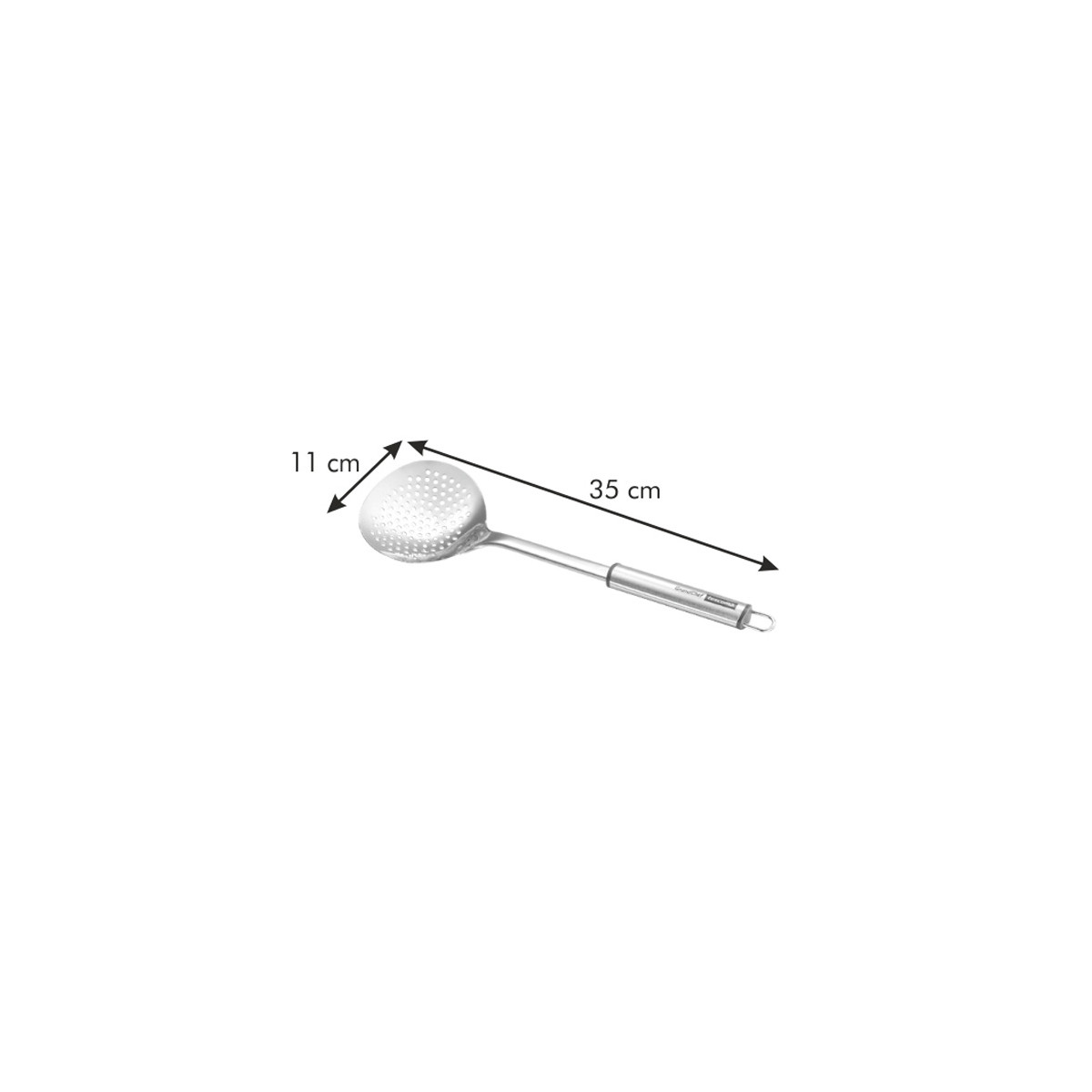 Lochkelle aus Metall mit Griff, 11 cm breit und 35 cm lang.