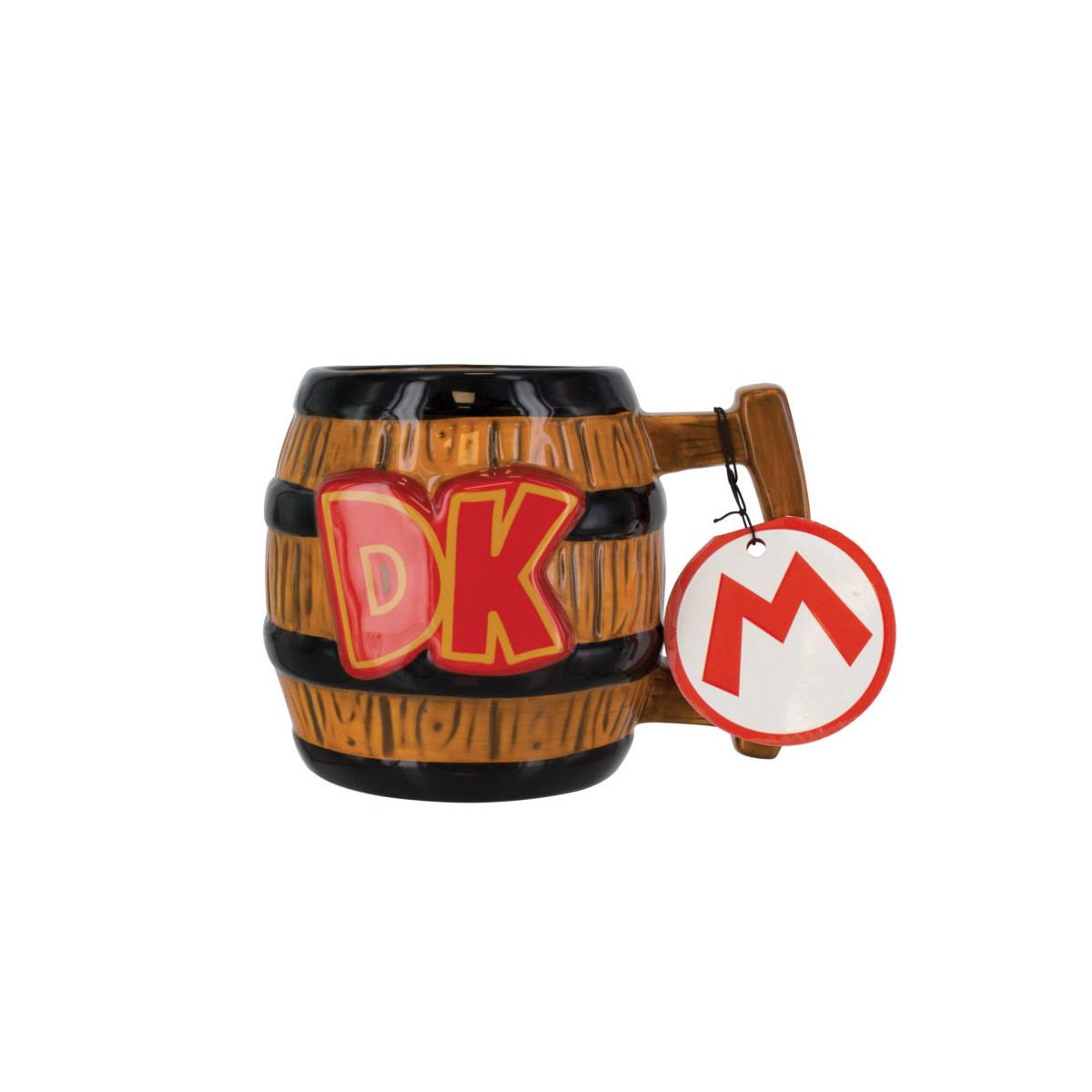 Taza con forma de barril con logo DK y etiqueta Mario