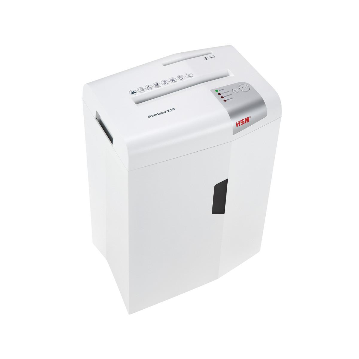 Gösterge ışıklı beyaz bir HSM Shredstar X10 kağıt öğütücü.