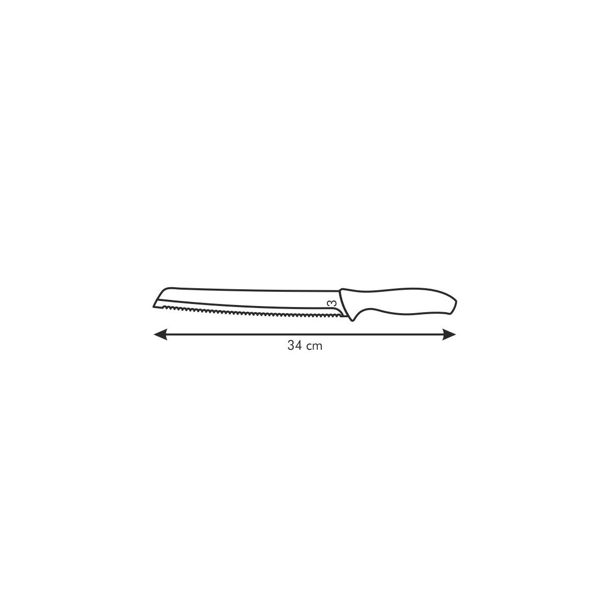 Ein Brotmesser mit gezackter Klinge und Griff, 34 cm lang.